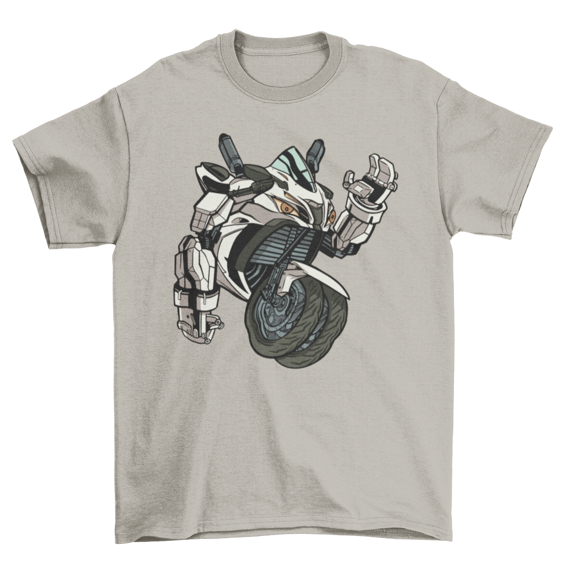 A stylish Motorcycle Robot T-shirt featuring a unique graphic design of a robot riding a motorcycle.