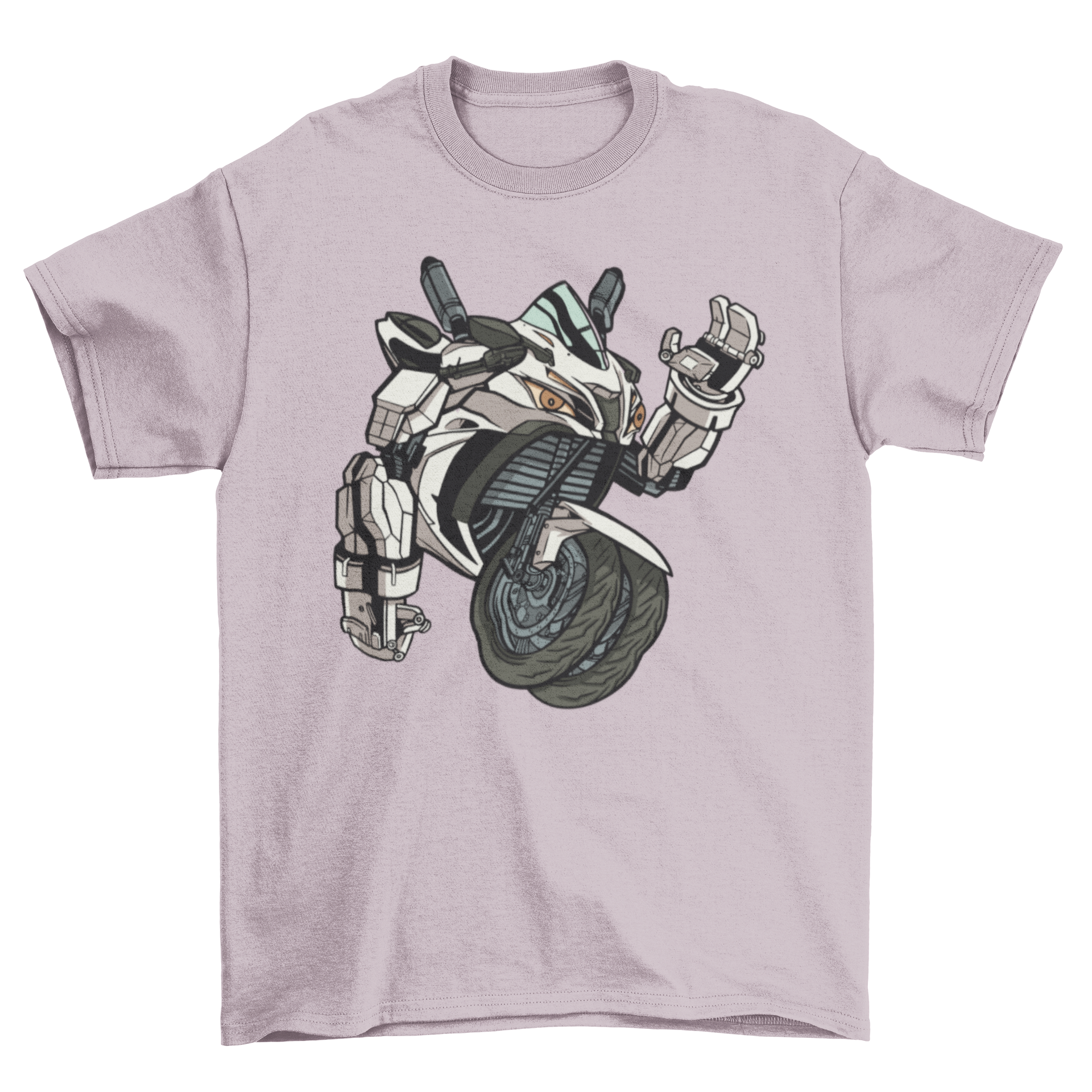 A stylish Motorcycle Robot T-shirt featuring a unique graphic design of a robot riding a motorcycle.