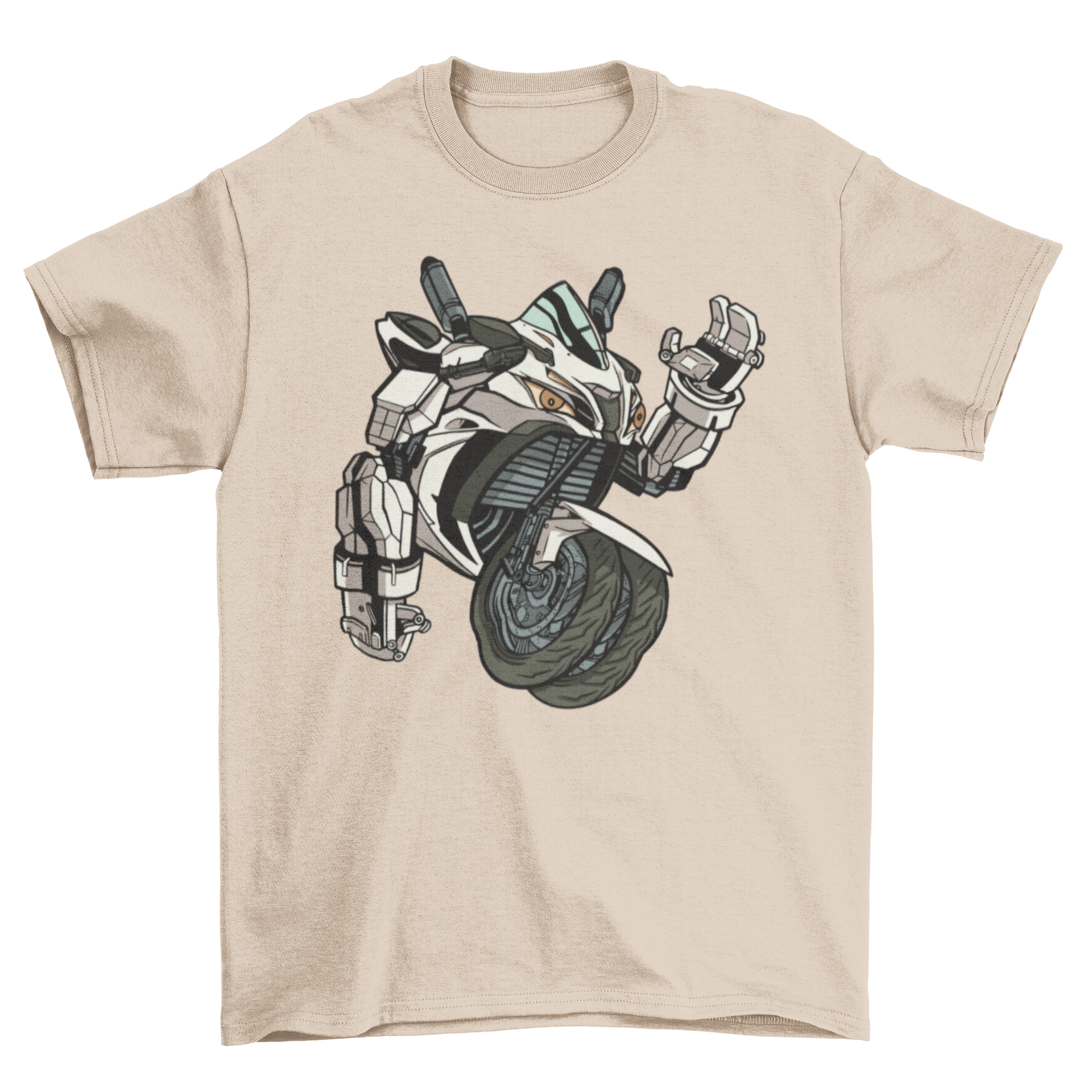 A stylish Motorcycle Robot T-shirt featuring a unique graphic design of a robot riding a motorcycle.