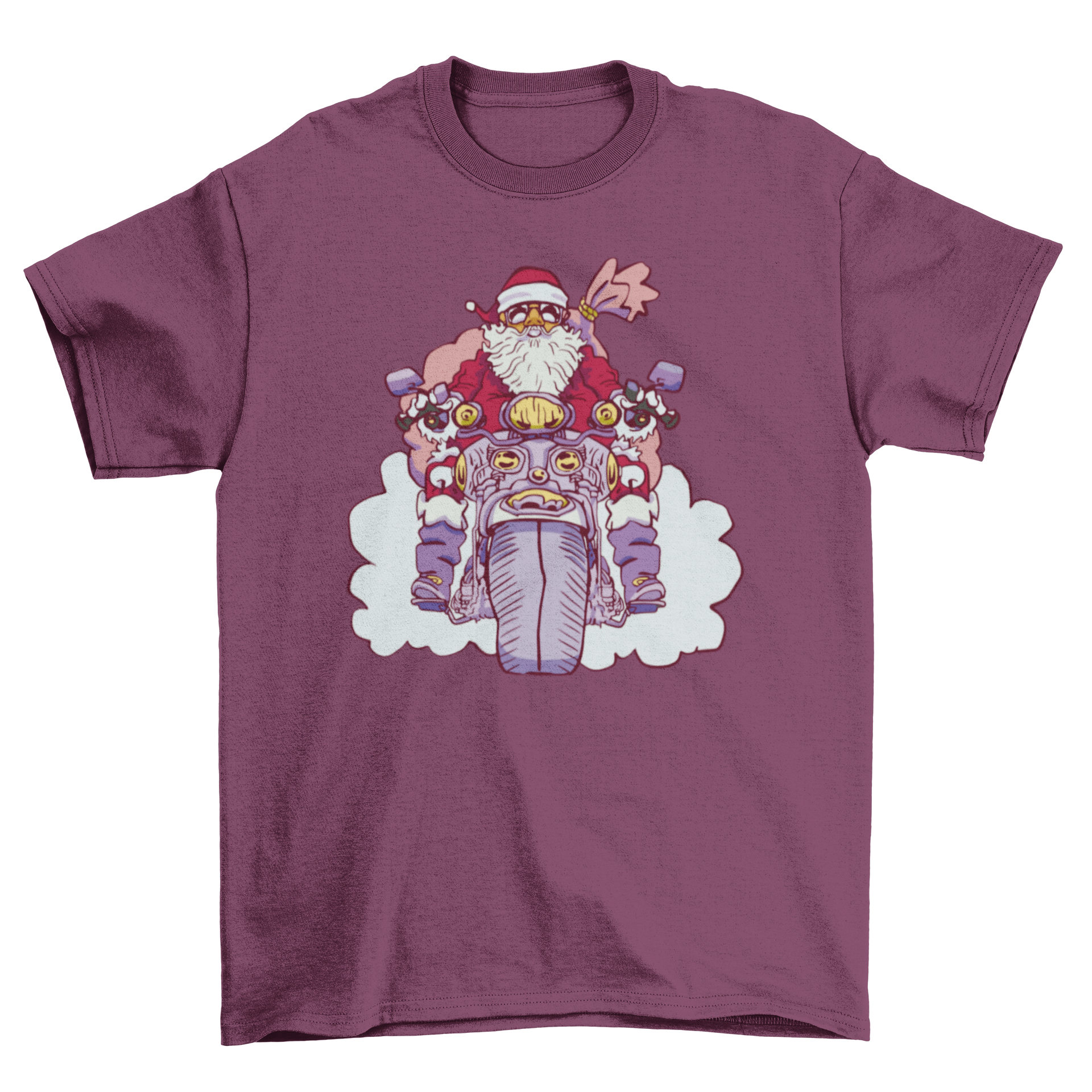 A festive t-shirt featuring Santa Claus joyfully riding a motorcycle, perfect for holiday celebrations.