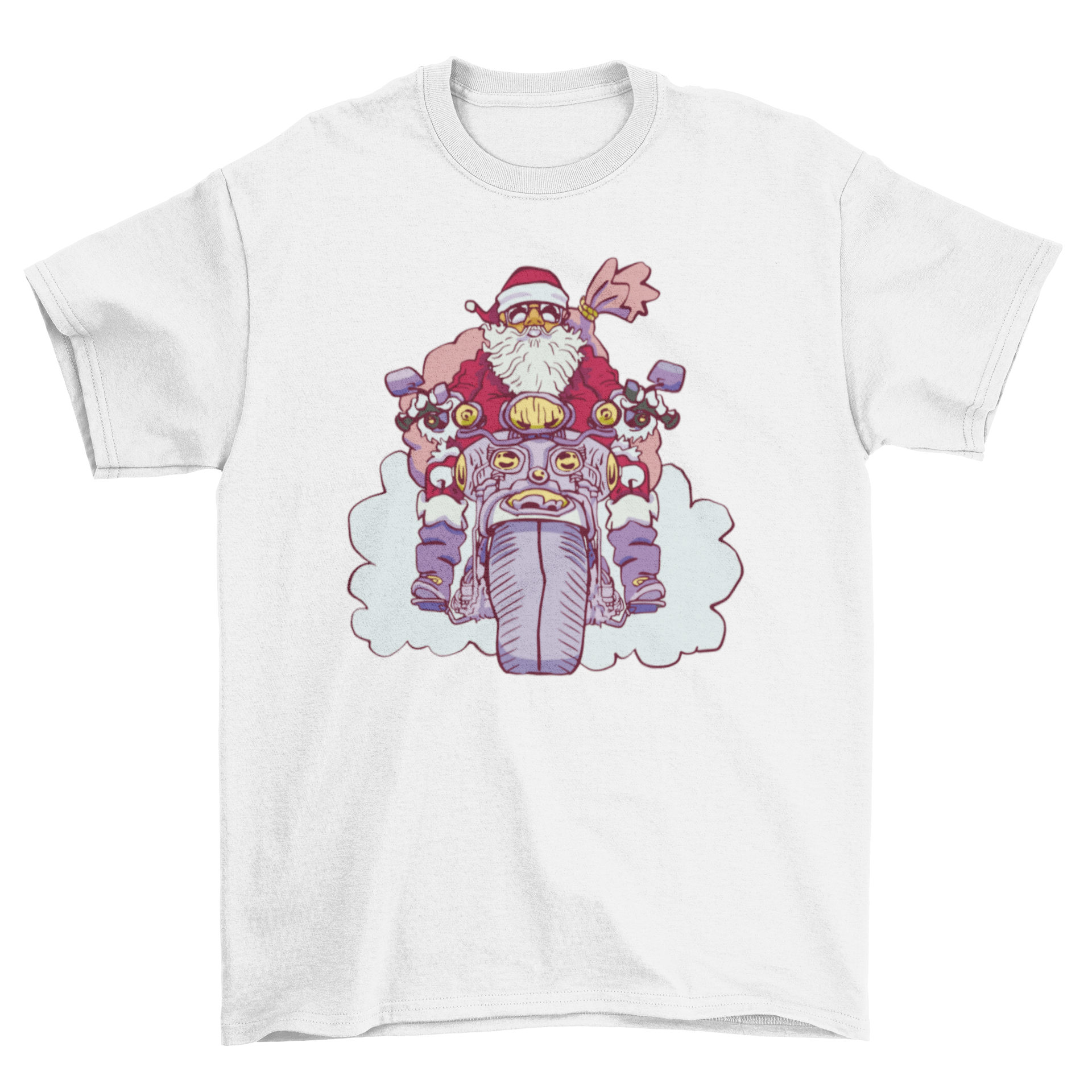 A festive t-shirt featuring Santa Claus joyfully riding a motorcycle, perfect for holiday celebrations.