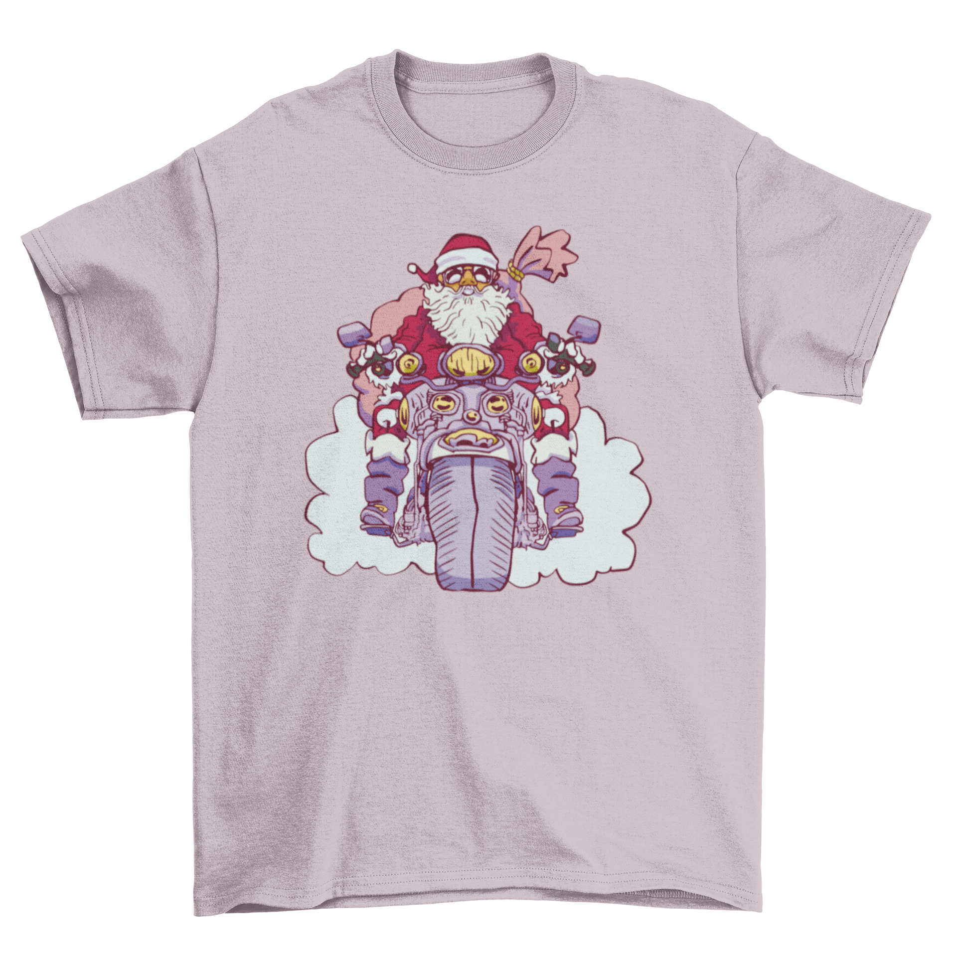 A festive t-shirt featuring Santa Claus joyfully riding a motorcycle, perfect for holiday celebrations.