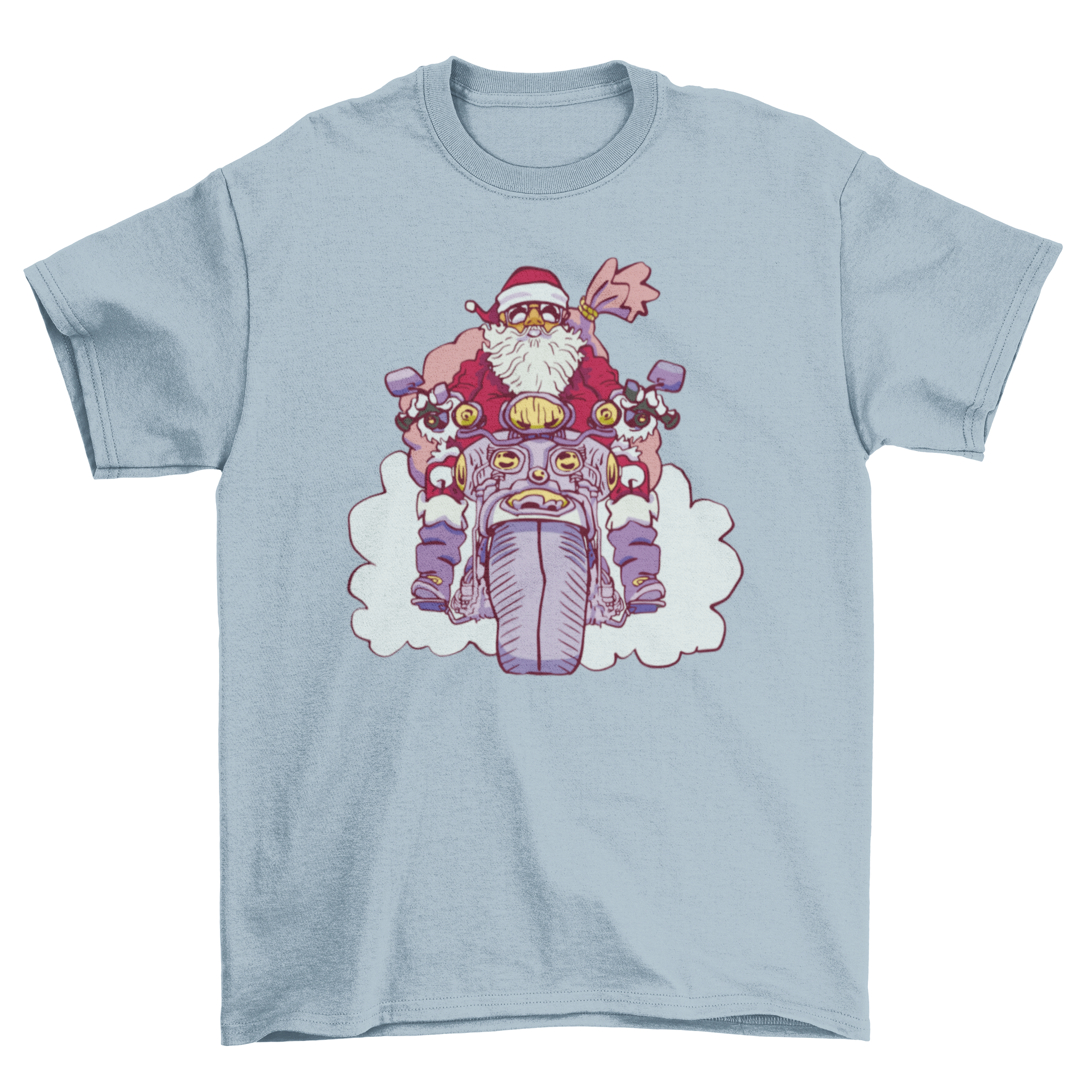 A festive t-shirt featuring Santa Claus joyfully riding a motorcycle, perfect for holiday celebrations.