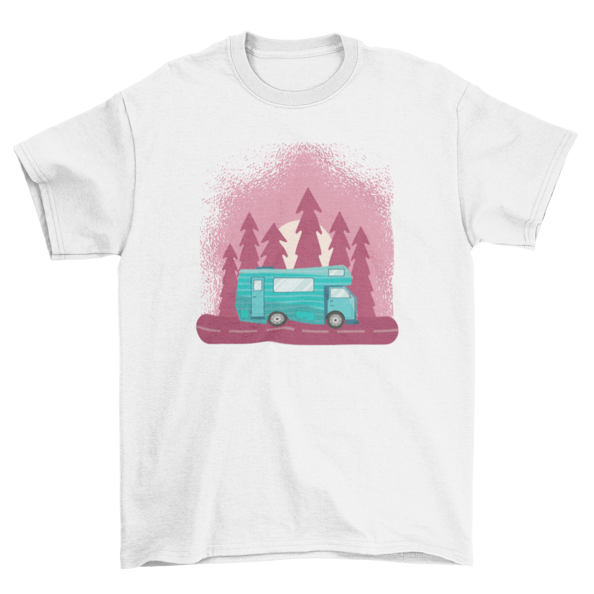 A stylish Motorhome travel T-shirt featuring a blue motorhome illustration on a vibrant purple backdrop, perfect for travel enthusiasts.