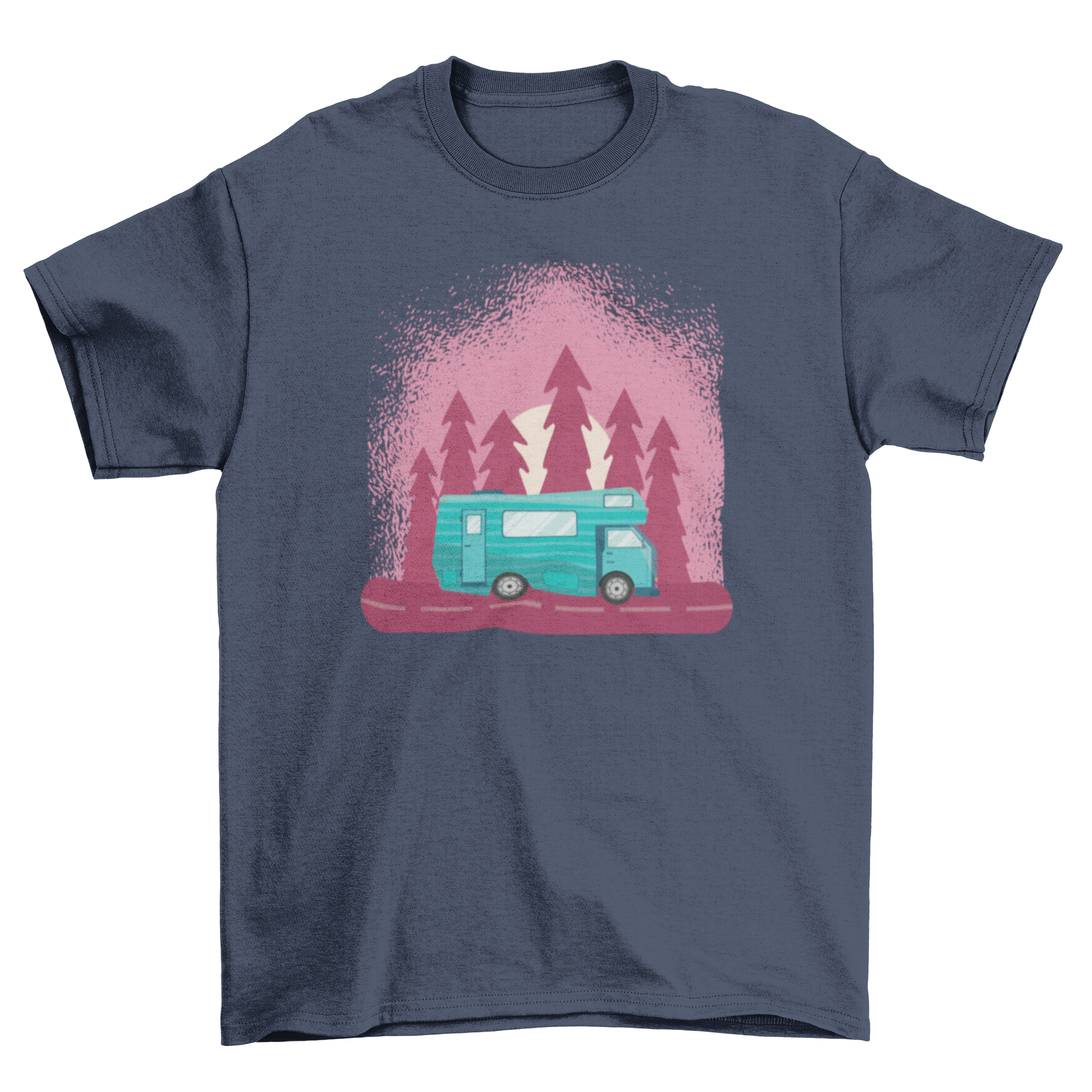 A stylish Motorhome travel T-shirt featuring a blue motorhome illustration on a vibrant purple backdrop, perfect for travel enthusiasts.