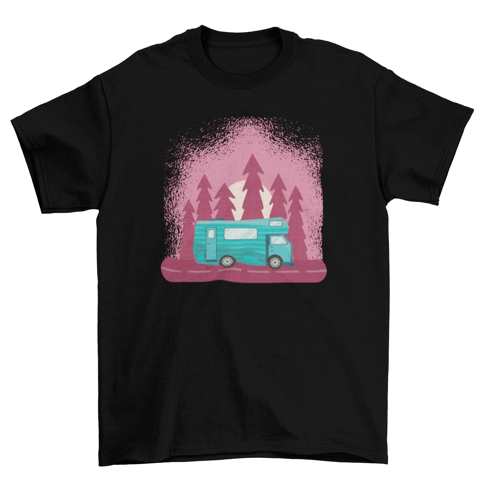 A stylish Motorhome travel T-shirt featuring a blue motorhome illustration on a vibrant purple backdrop, perfect for travel enthusiasts.