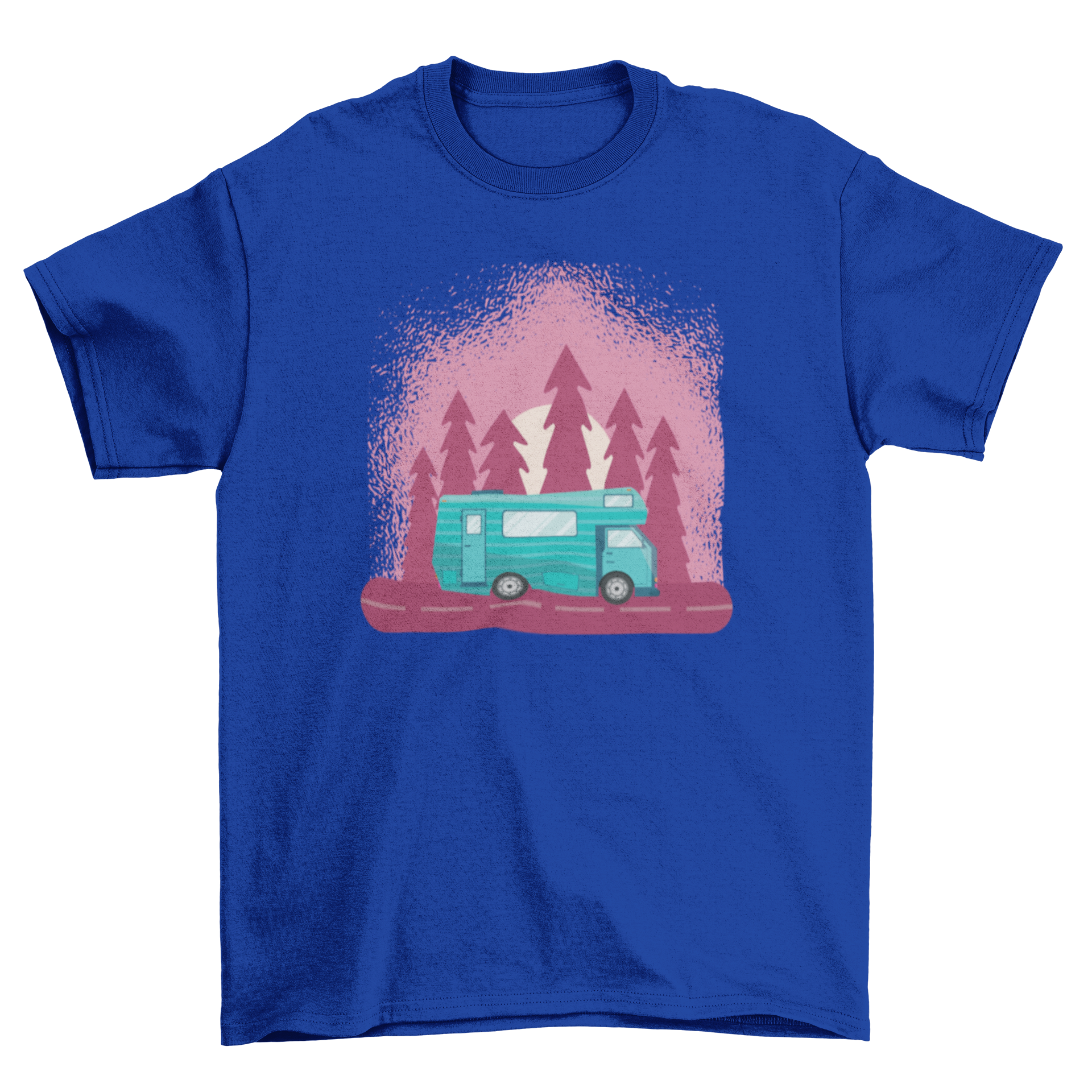 A stylish Motorhome travel T-shirt featuring a blue motorhome illustration on a vibrant purple backdrop, perfect for travel enthusiasts.