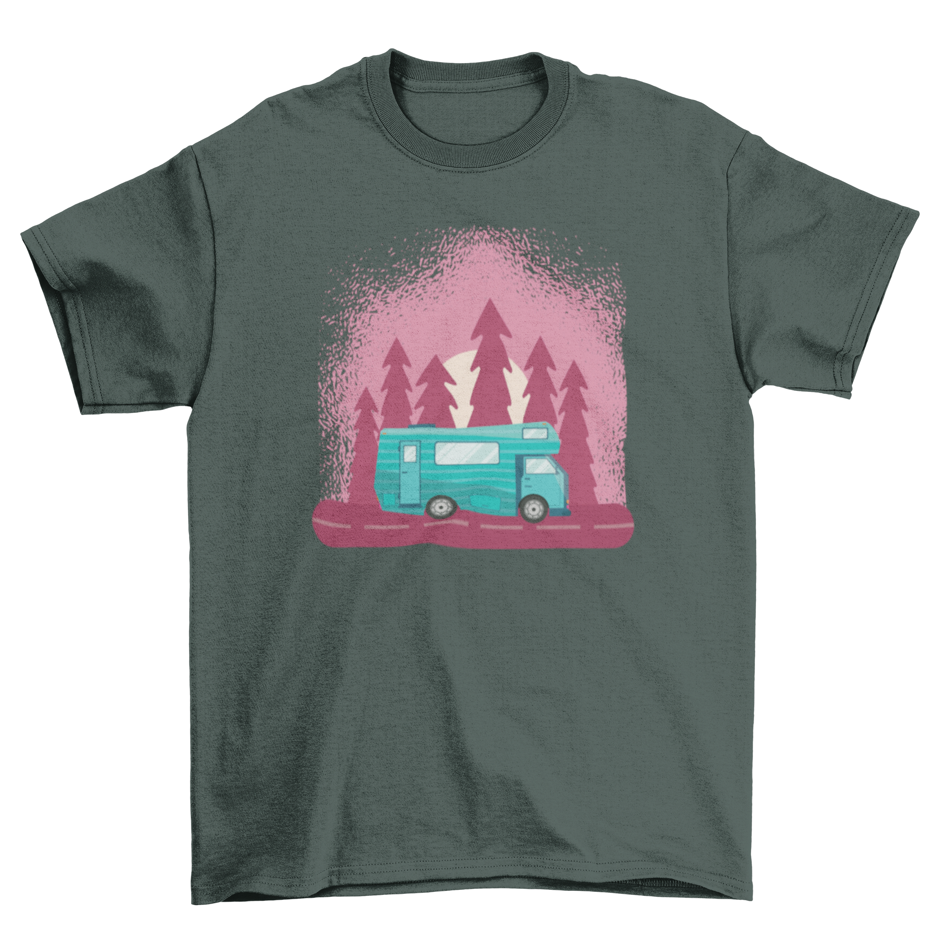 A stylish Motorhome travel T-shirt featuring a blue motorhome illustration on a vibrant purple backdrop, perfect for travel enthusiasts.