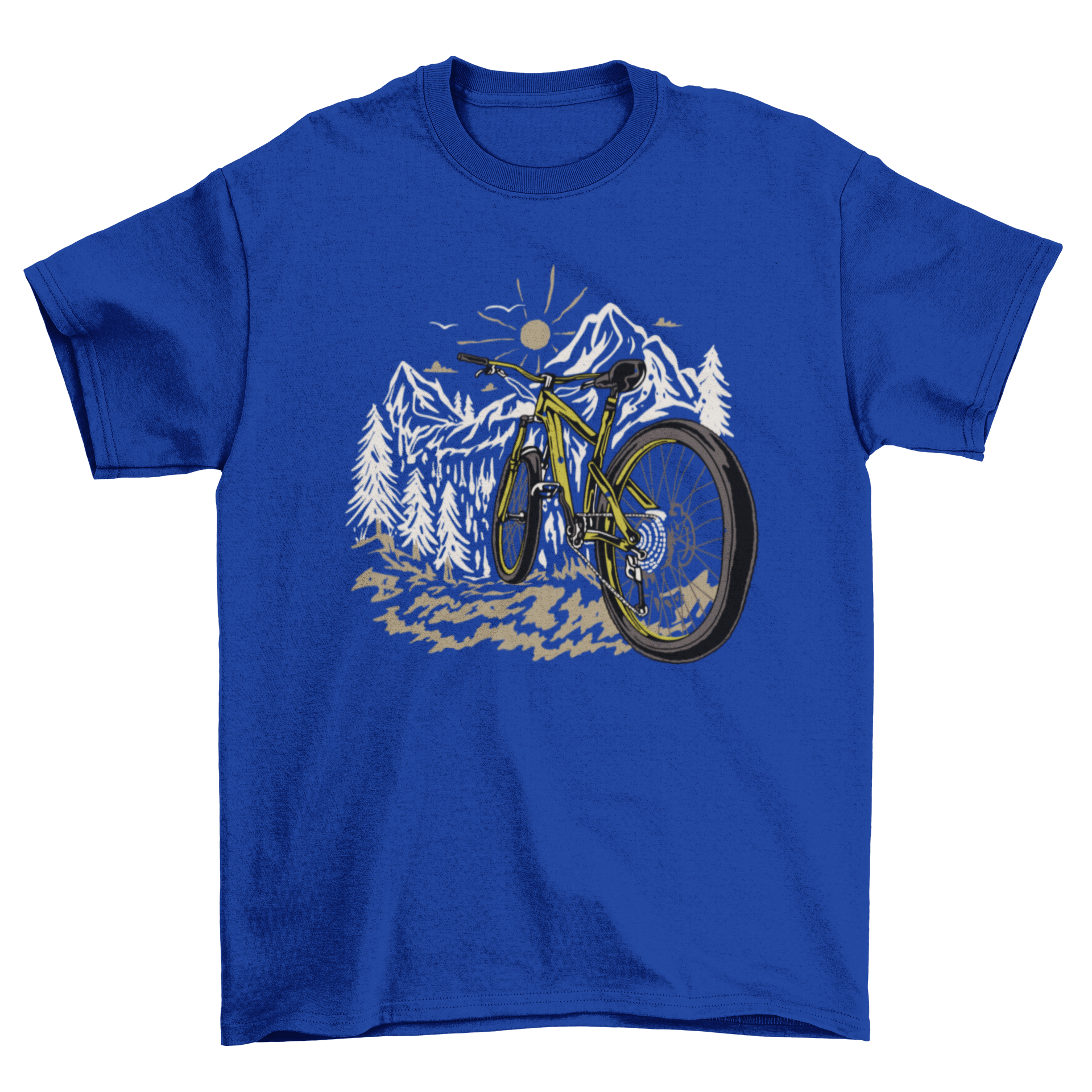 A stylish t-shirt featuring a mountain bike design set against mountains and a forest backdrop, perfect for outdoor enthusiasts.