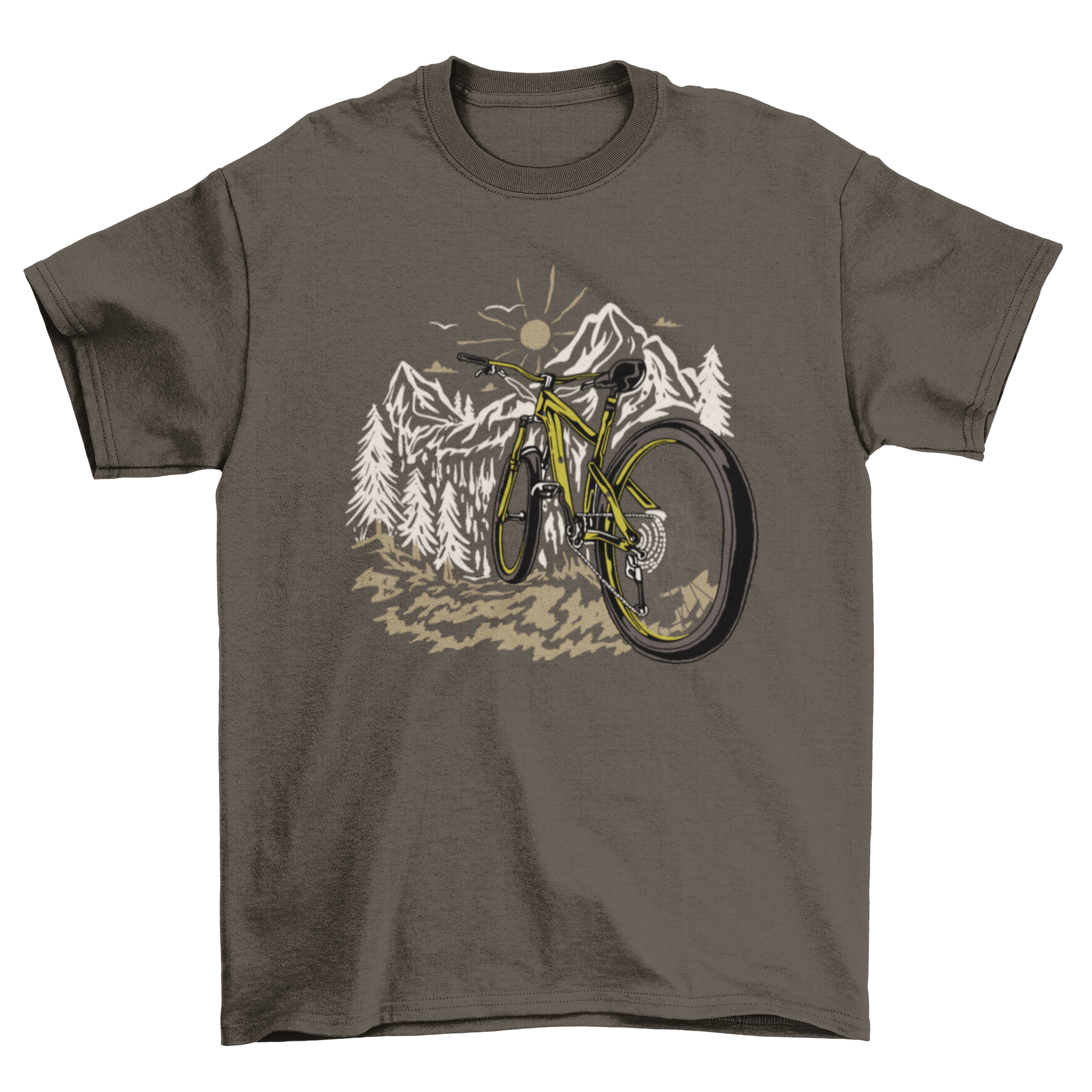 A stylish t-shirt featuring a mountain bike design set against mountains and a forest backdrop, perfect for outdoor enthusiasts.