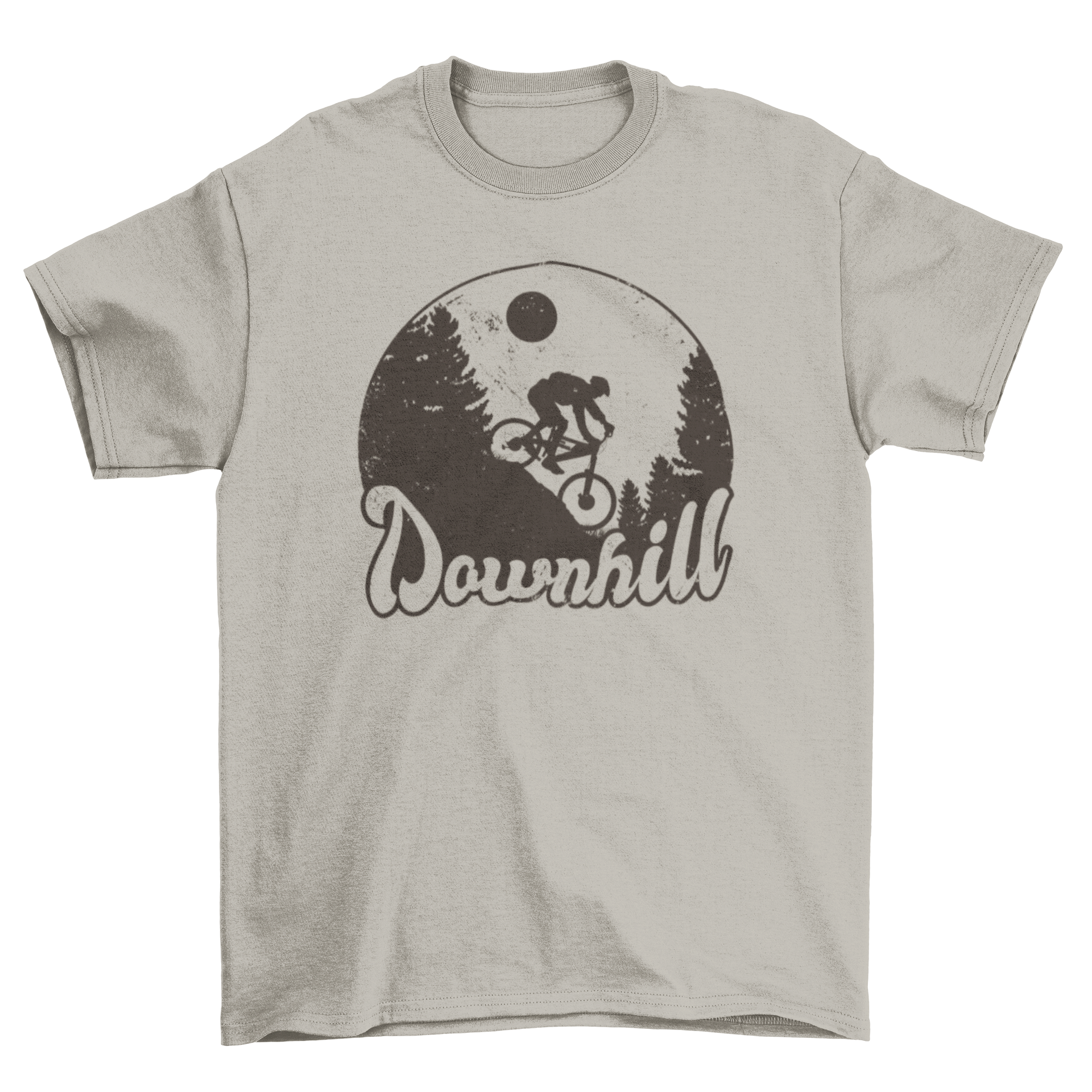 Mountain biking downhill t-shirt featuring a cyclist silhouette and the quote 'Downhill' on a stylish design.