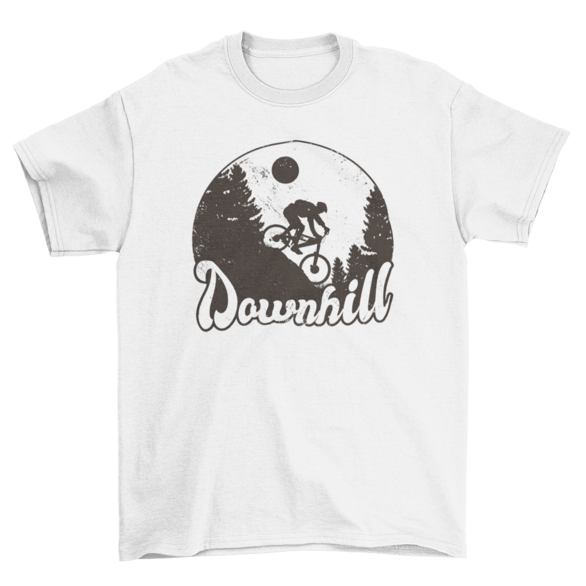 Mountain biking downhill t-shirt featuring a cyclist silhouette and the quote 'Downhill' on a stylish design.