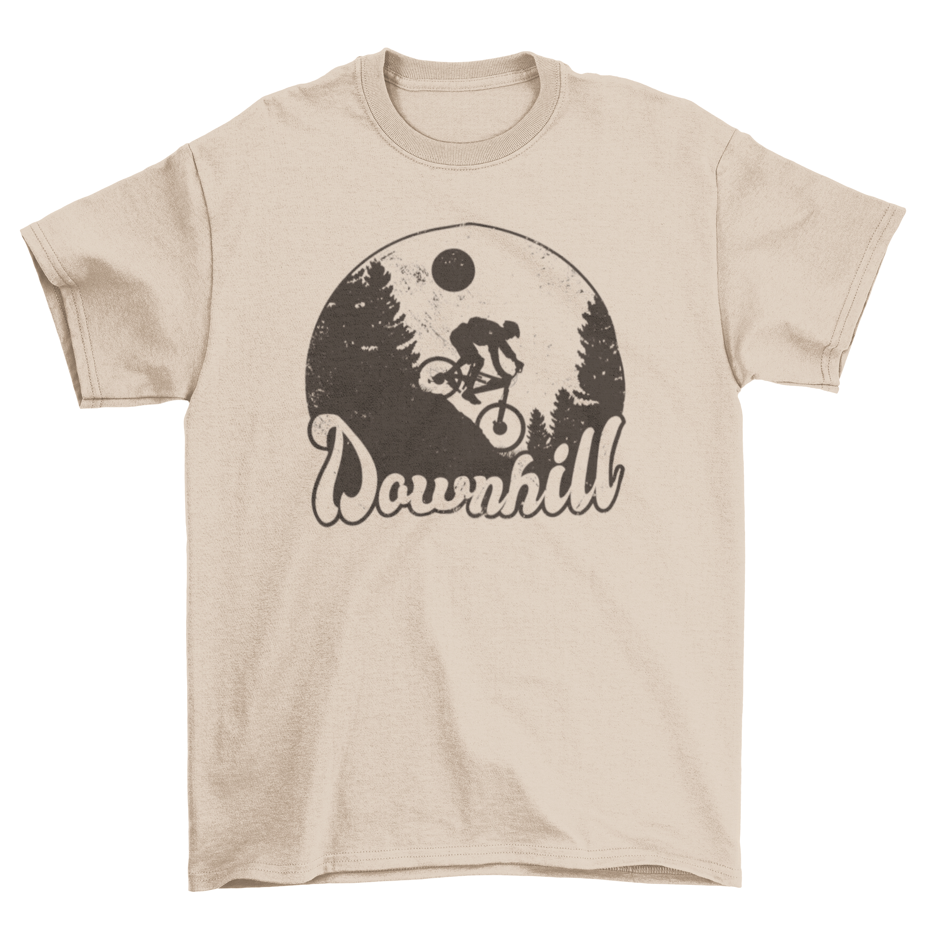 Mountain biking downhill t-shirt featuring a cyclist silhouette and the quote 'Downhill' on a stylish design.