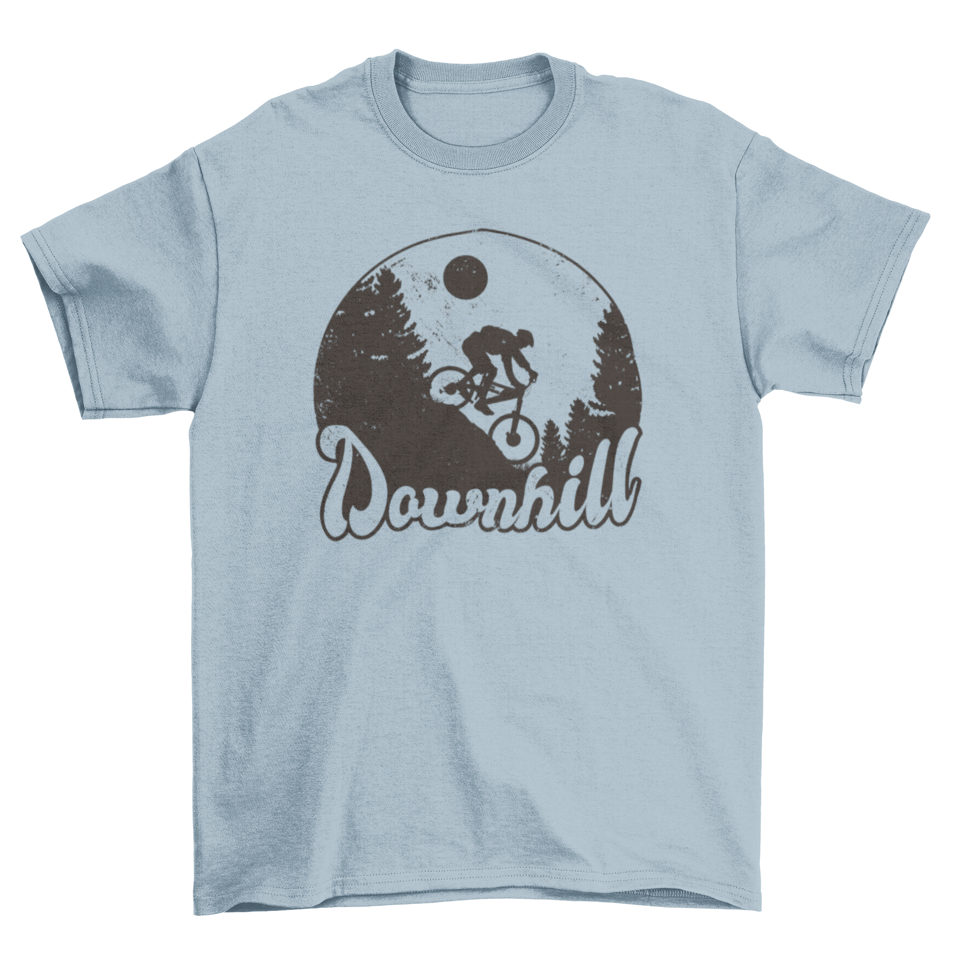 Mountain biking downhill t-shirt featuring a cyclist silhouette and the quote 'Downhill' on a stylish design.