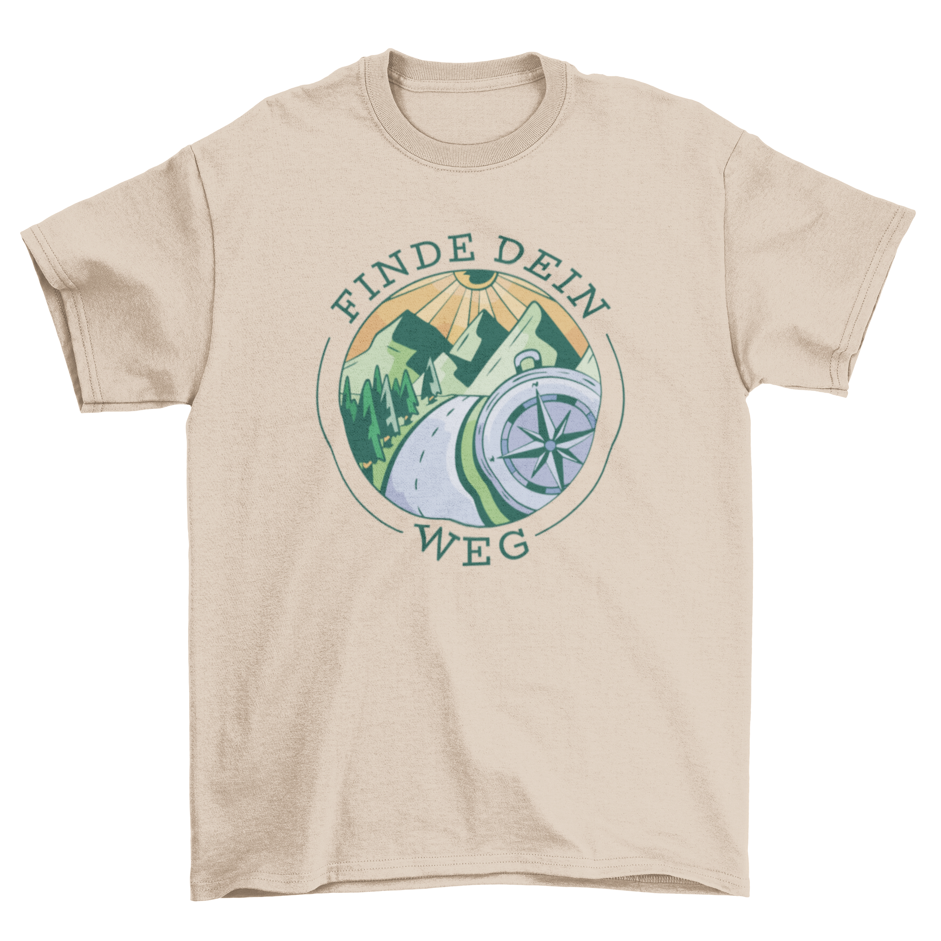 Mountain camping t-shirt featuring a compass design and trees, with a German quote 'Find your way'.