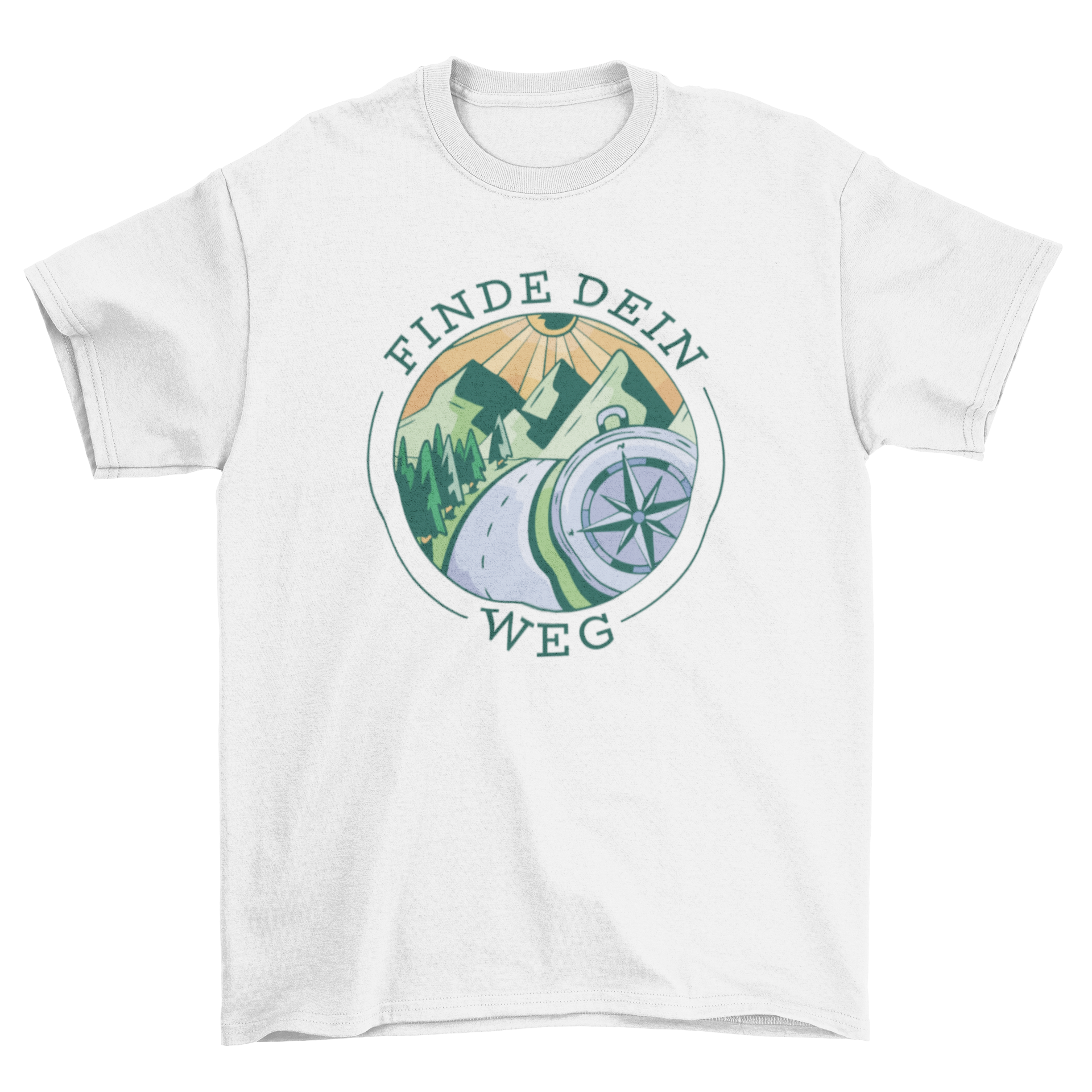 Mountain camping t-shirt featuring a compass design and trees, with a German quote 'Find your way'.