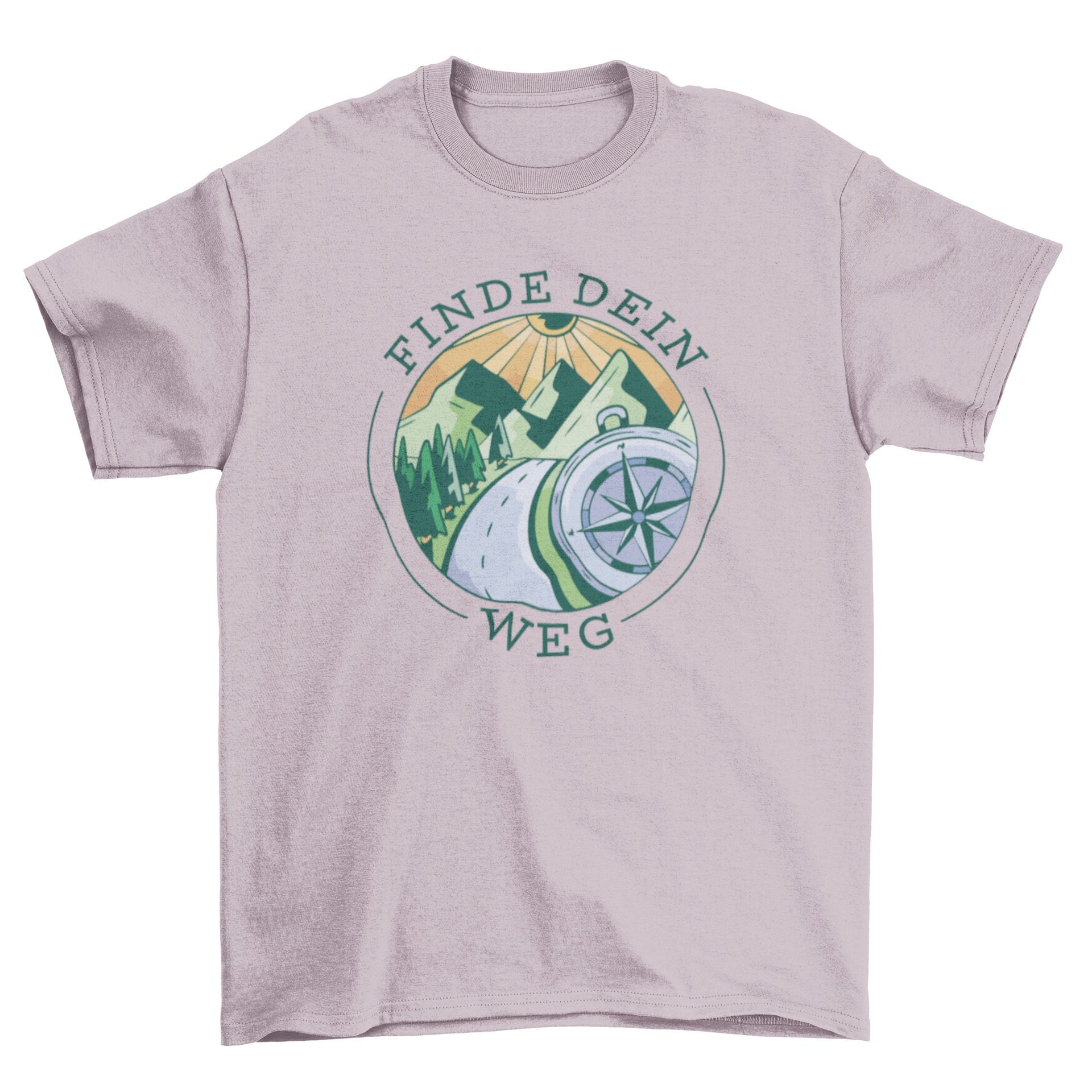 Mountain camping t-shirt featuring a compass design and trees, with a German quote 'Find your way'.