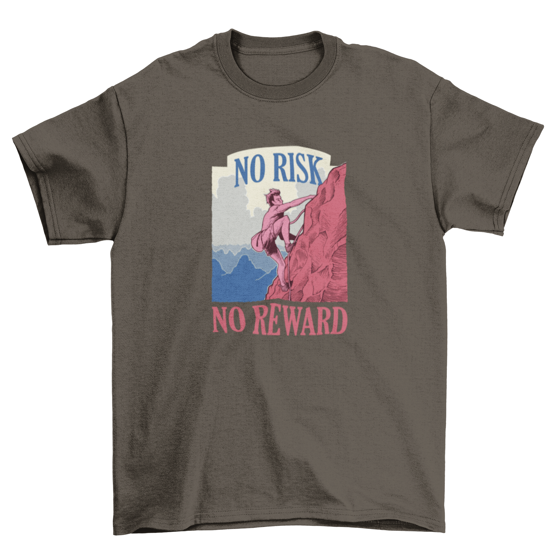 Mountain Climber Adventure Lifestyle T-shirt featuring a climber ascending a mountain with a bag of powder and the quote 'No Risk No Reward'.