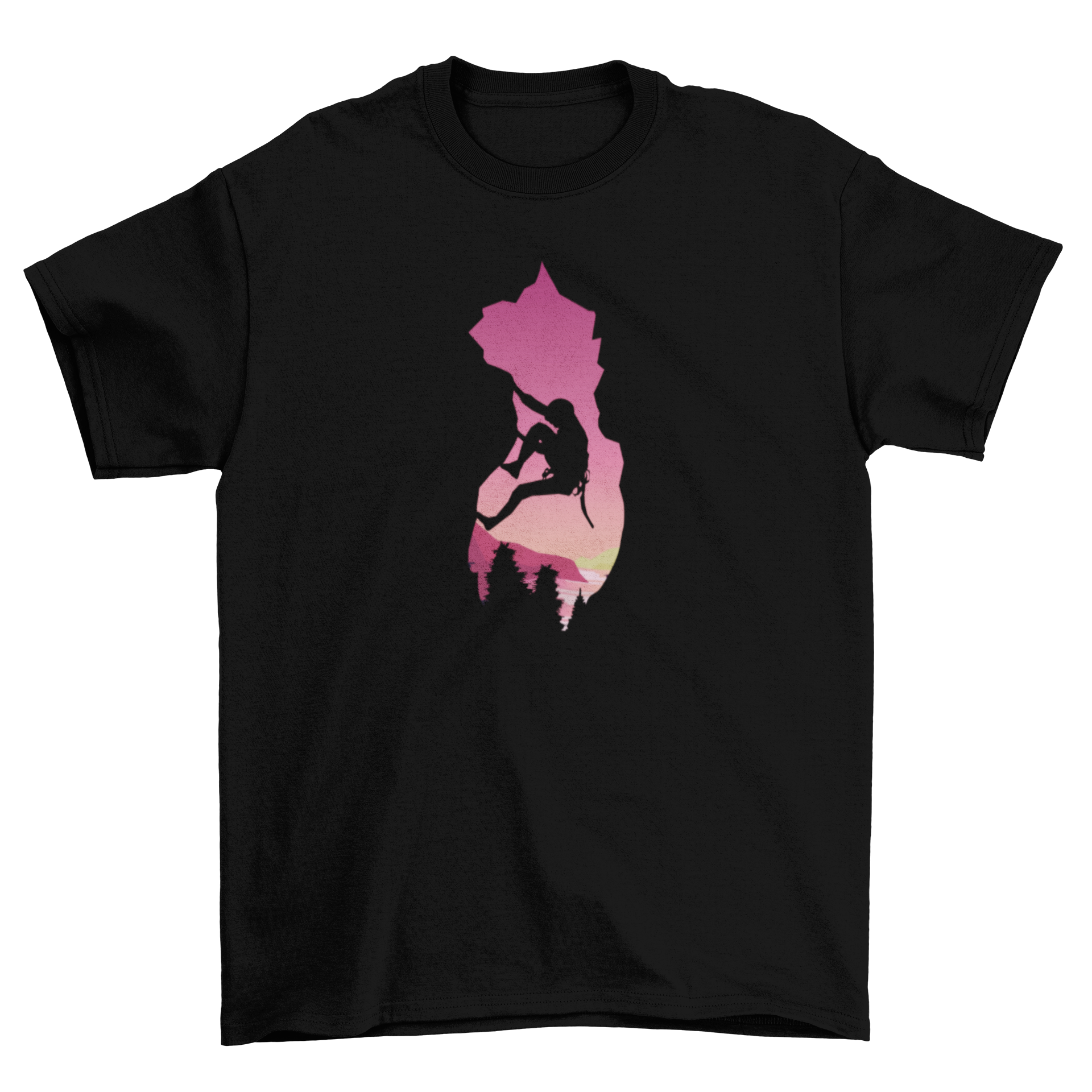 Mountain climbing t-shirt featuring a climber silhouette against a mountain backdrop.