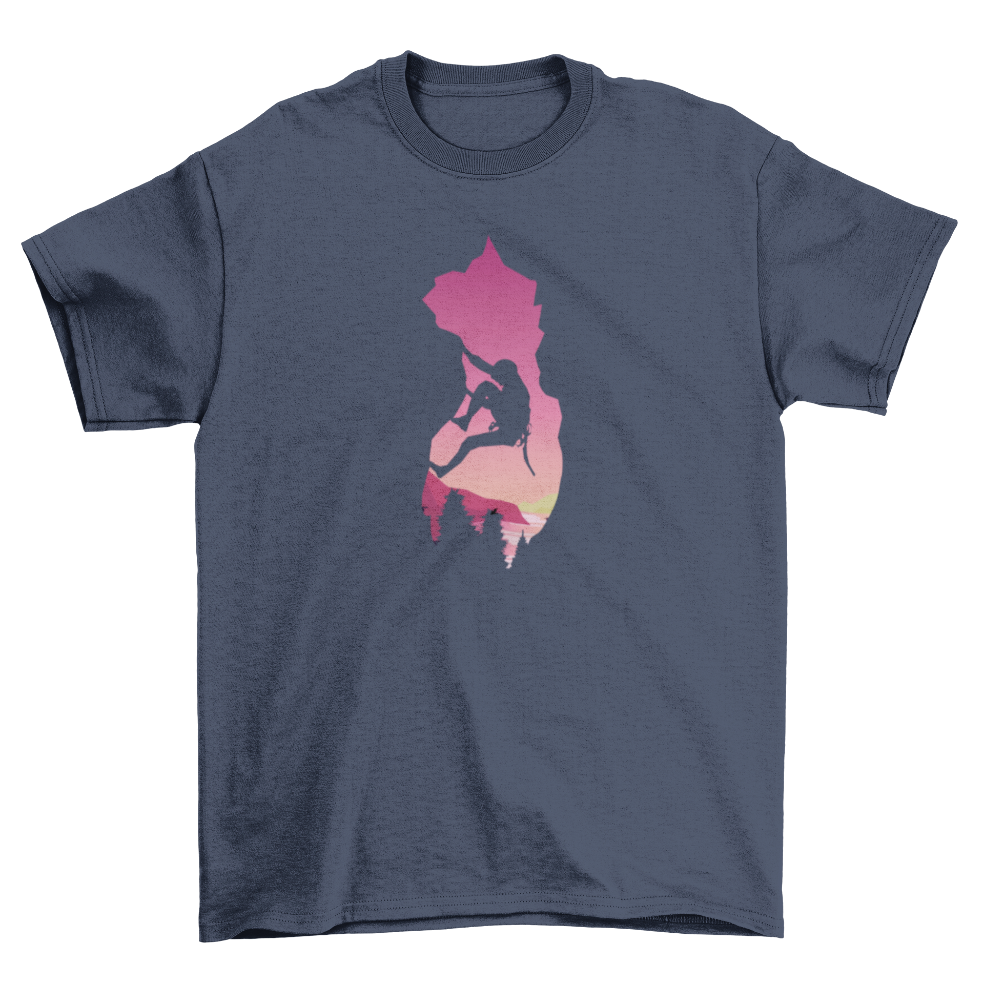 Mountain climbing t-shirt featuring a climber silhouette against a mountain backdrop.