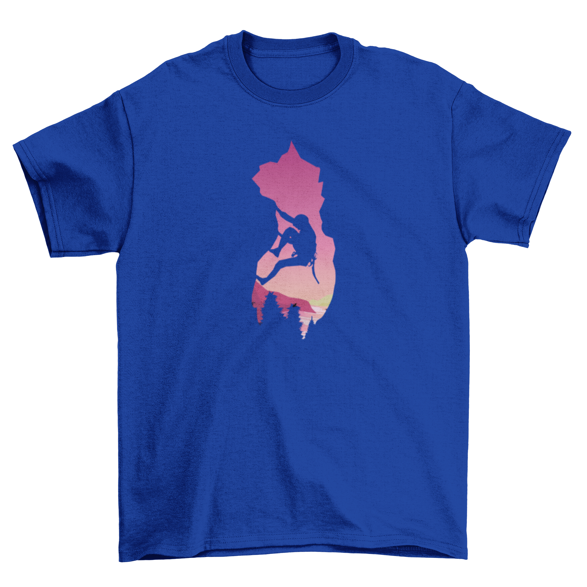 Mountain climbing t-shirt featuring a climber silhouette against a mountain backdrop.