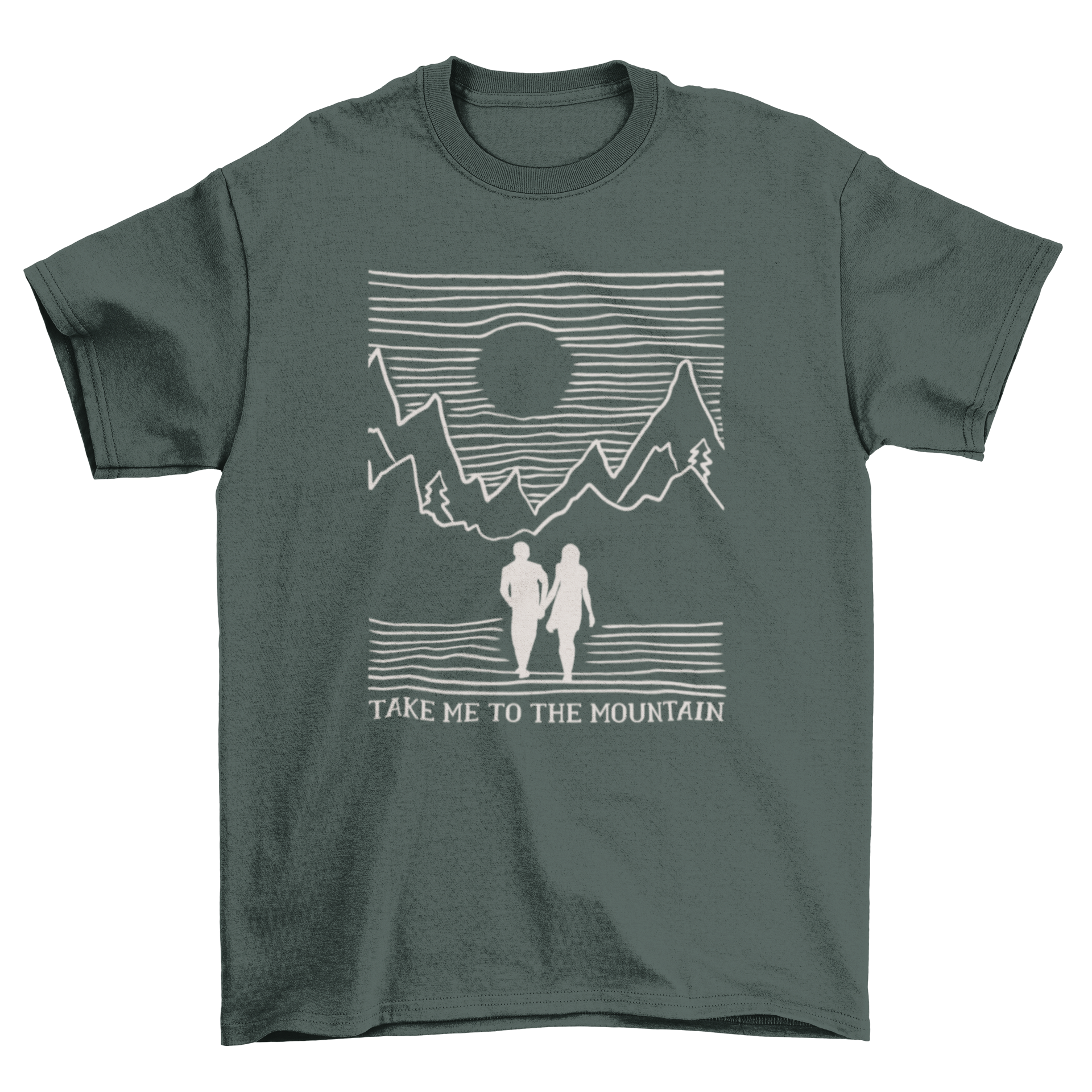 Mountain Couple Quote T-shirt featuring a couple silhouette walking towards a mountain with the quote 'TAKE ME TO THE MOUNTAIN.'