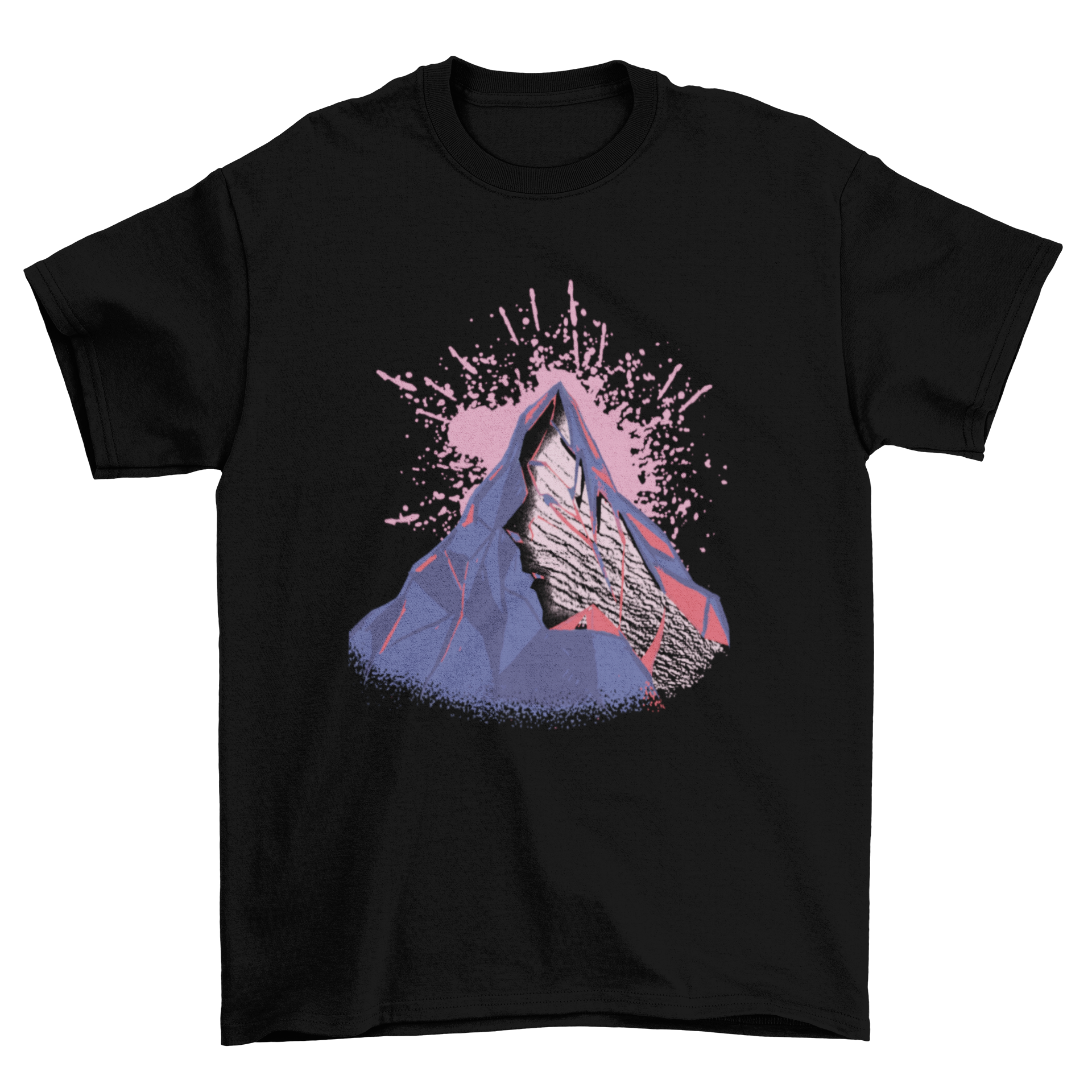 Mountain face t-shirt design featuring a woman's face carved into a mountain rock, showcasing a blend of nature and artistry.