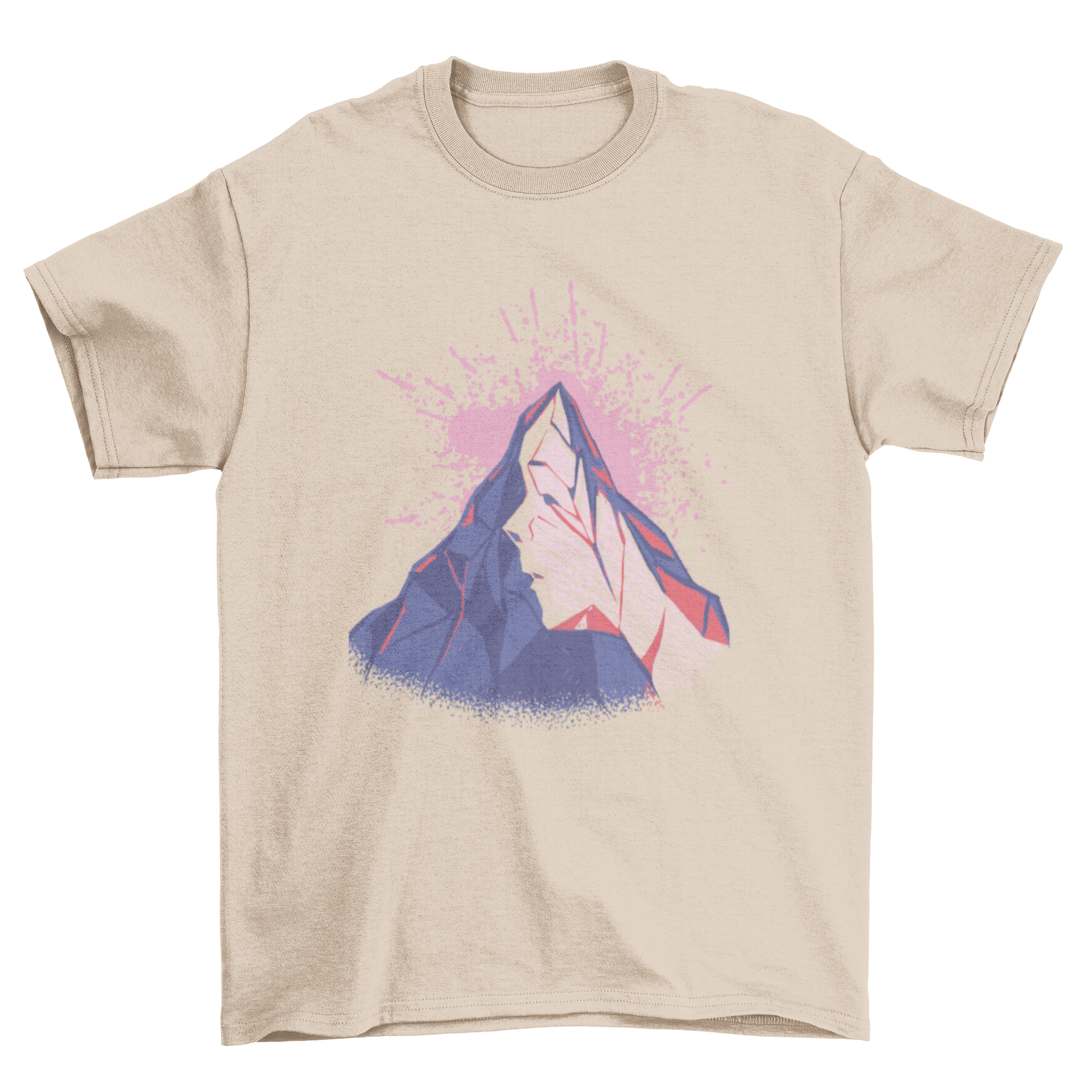 Mountain face t-shirt design featuring a woman's face carved into a mountain rock, showcasing a blend of nature and artistry.