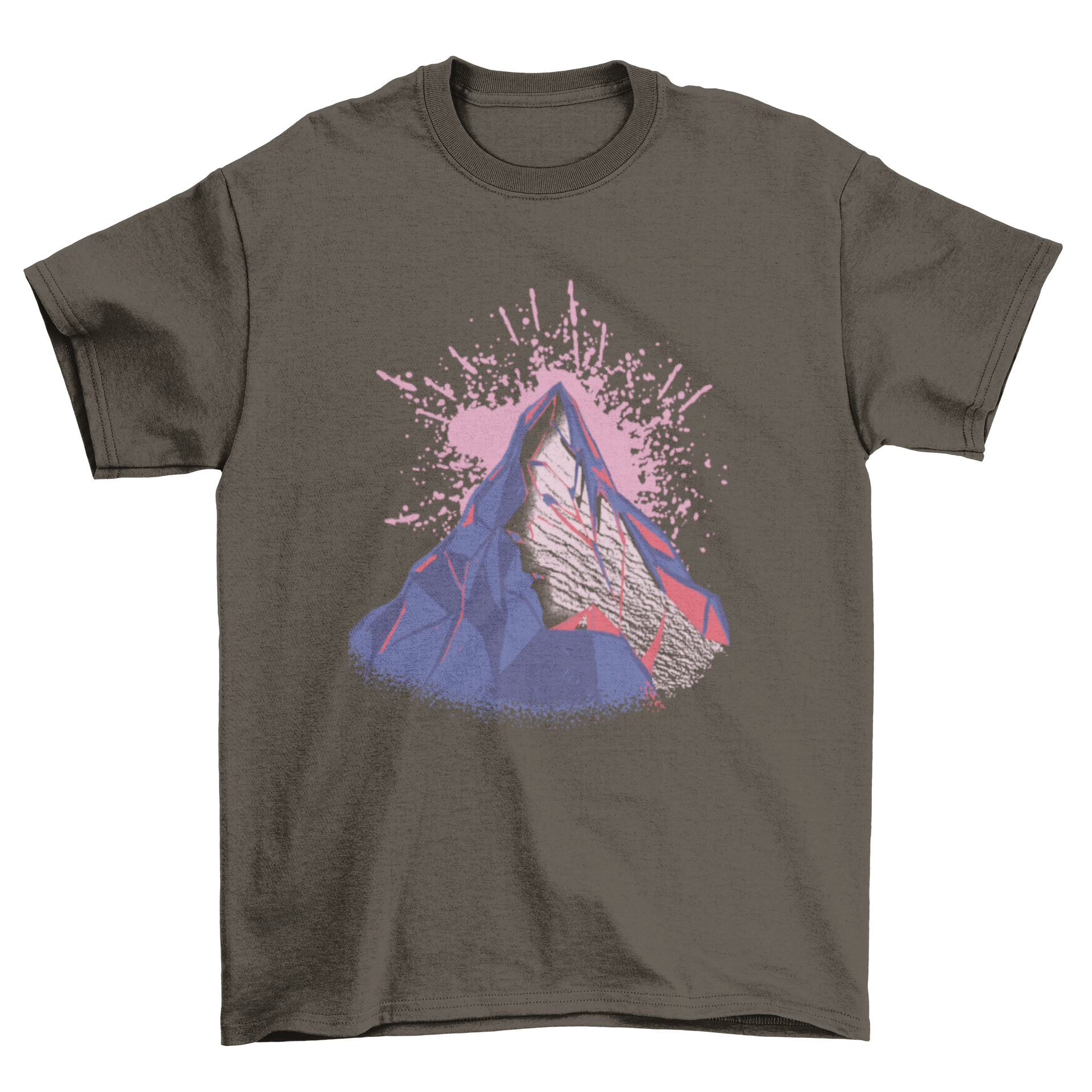 Mountain face t-shirt design featuring a woman's face carved into a mountain rock, showcasing a blend of nature and artistry.