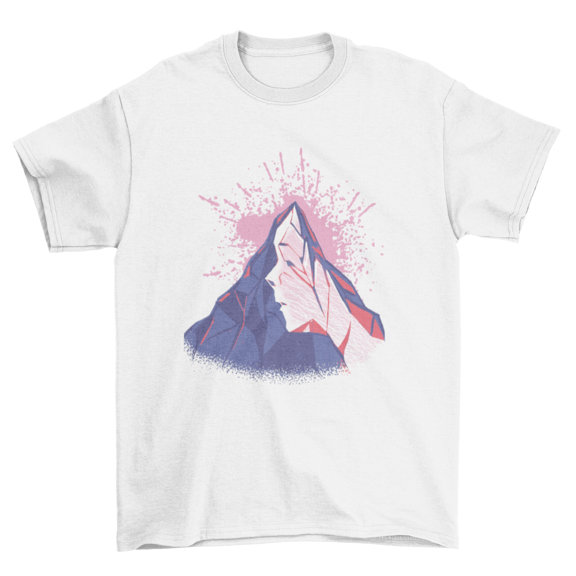 Mountain face t-shirt design featuring a woman's face carved into a mountain rock, showcasing a blend of nature and artistry.