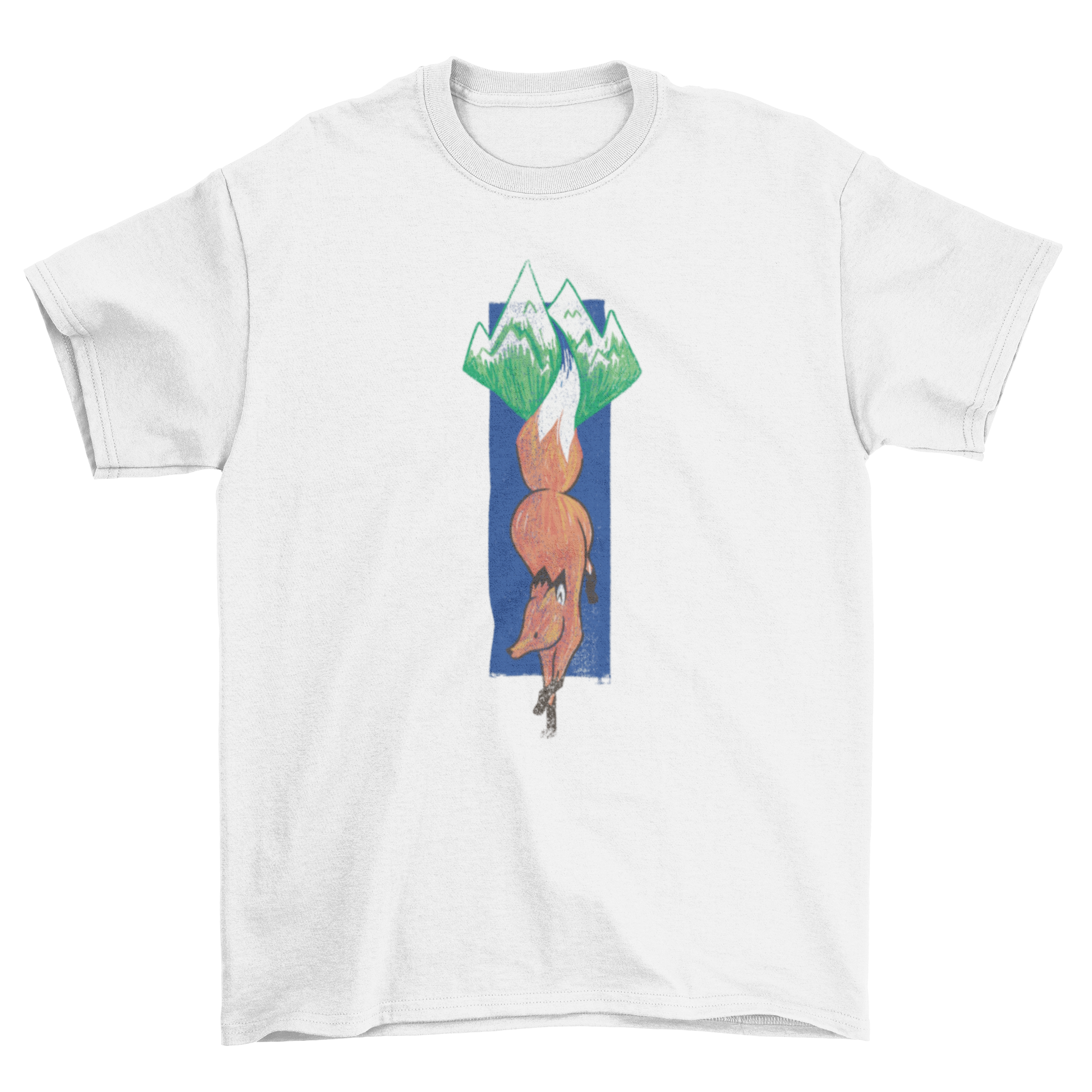 Mountain Fox Landscape T-Shirt featuring a fox in a vertical pose with a mountain design.