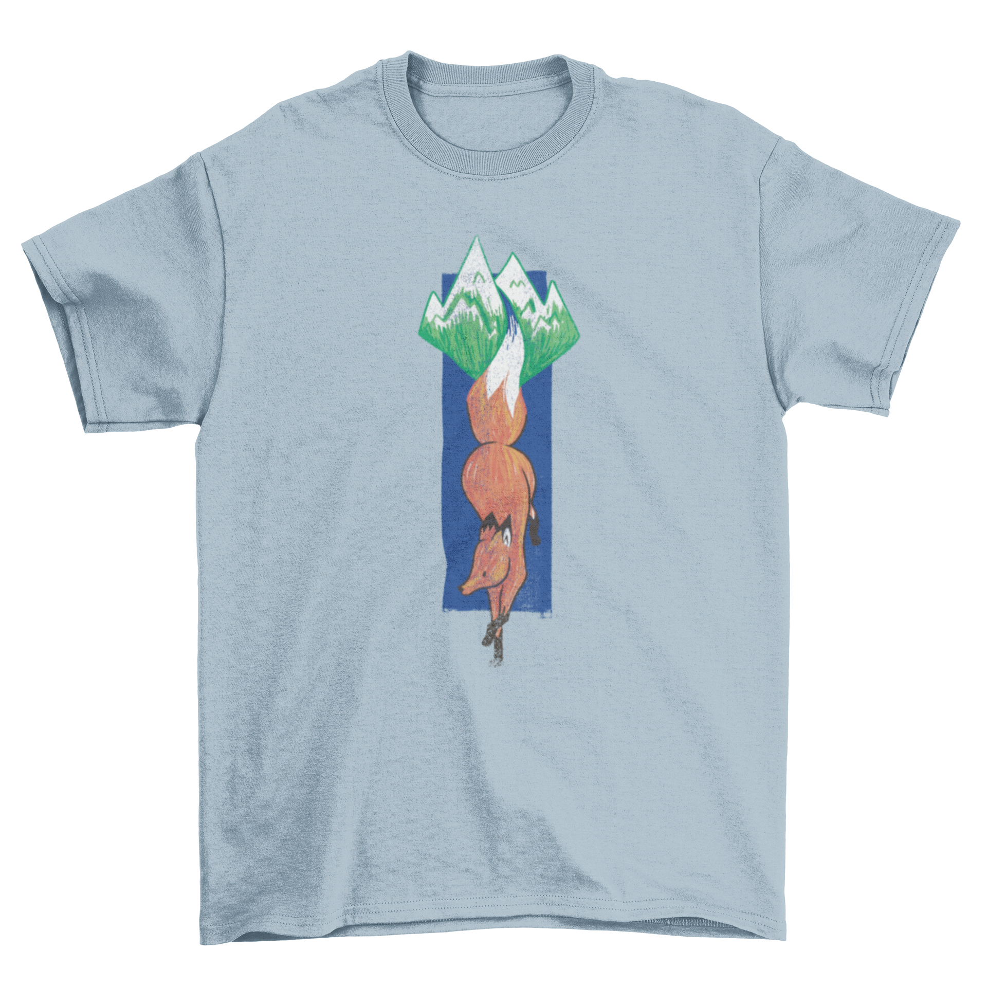 Mountain Fox Landscape T-Shirt featuring a fox in a vertical pose with a mountain design.