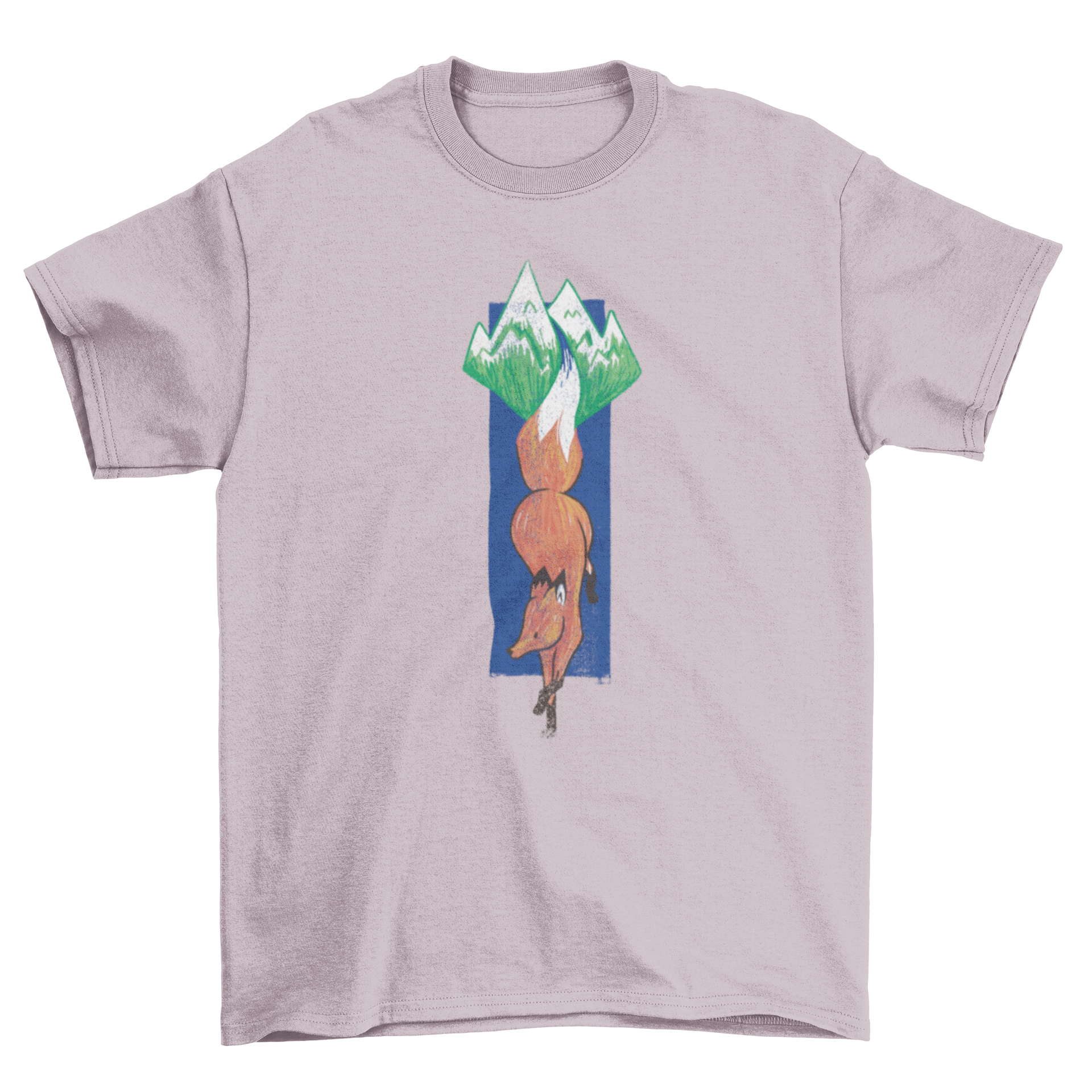 Mountain Fox Landscape T-Shirt featuring a fox in a vertical pose with a mountain design.