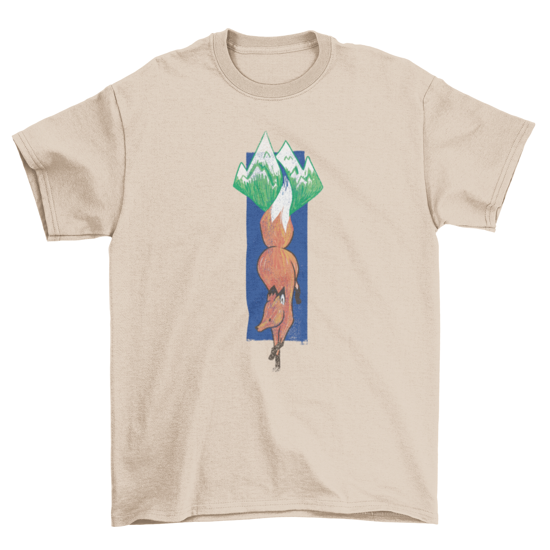 Mountain Fox Landscape T-Shirt featuring a fox in a vertical pose with a mountain design.