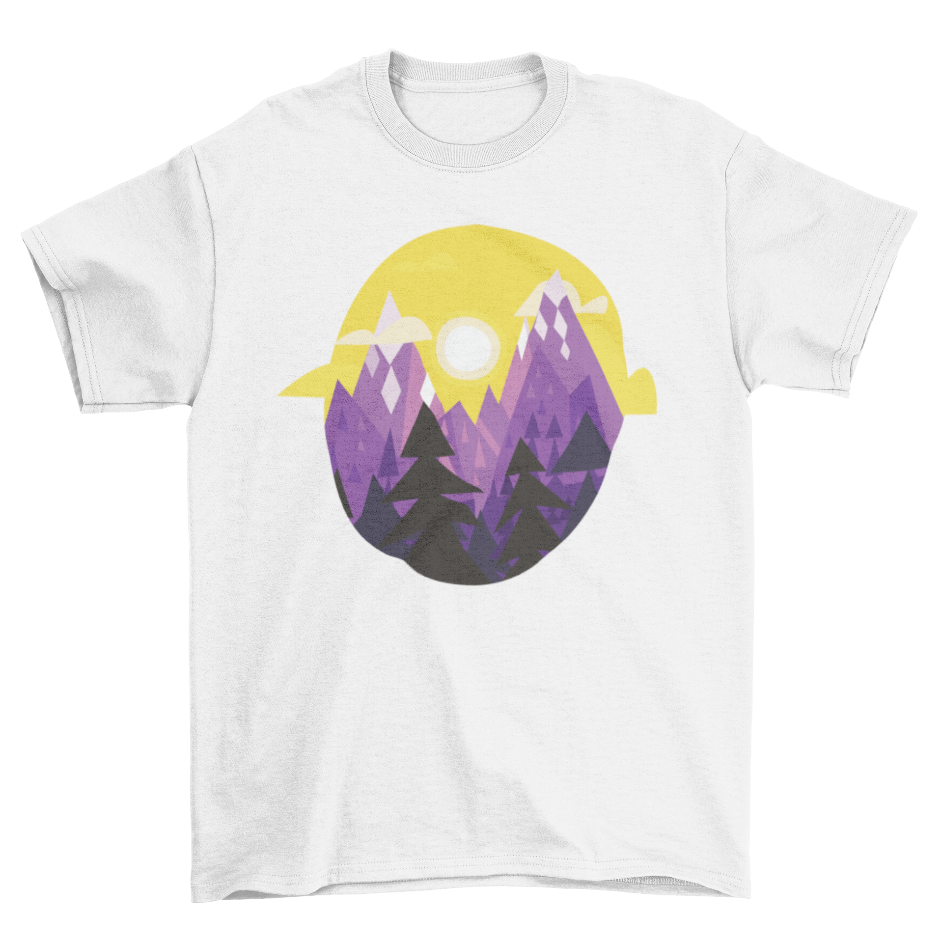 A stylish t-shirt featuring a geometric design of a mountain landscape, showcasing vibrant colors and intricate patterns.