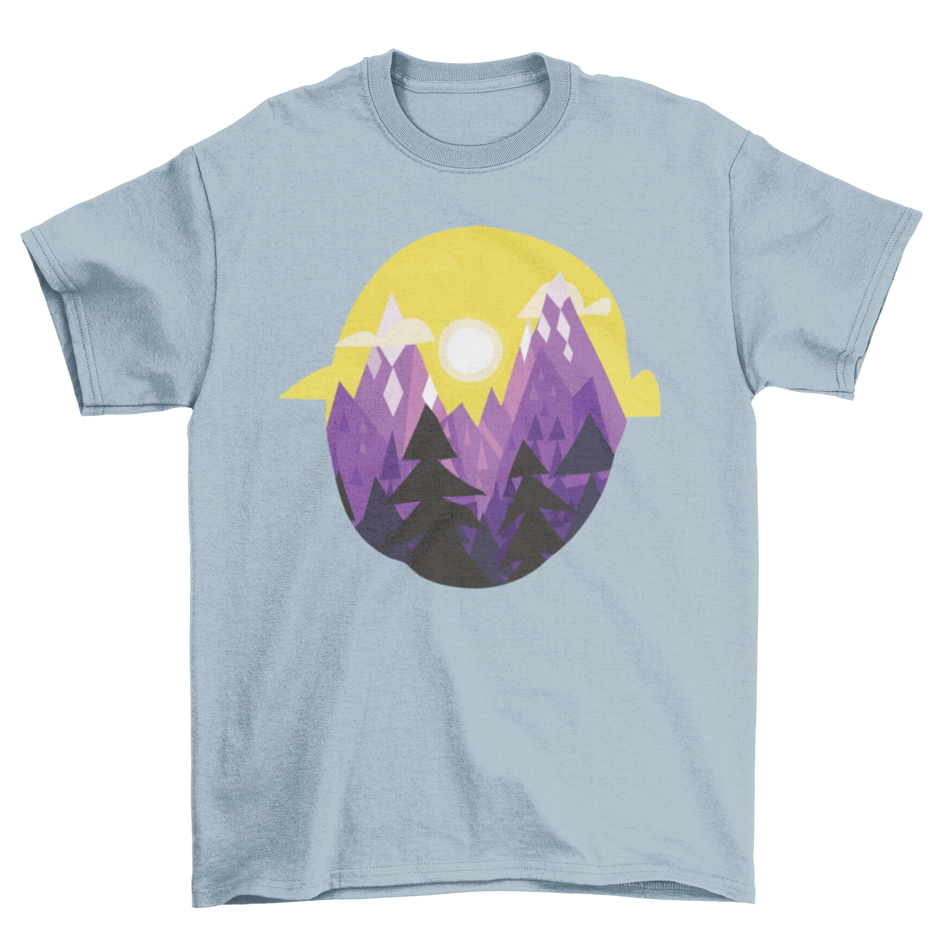 A stylish t-shirt featuring a geometric design of a mountain landscape, showcasing vibrant colors and intricate patterns.