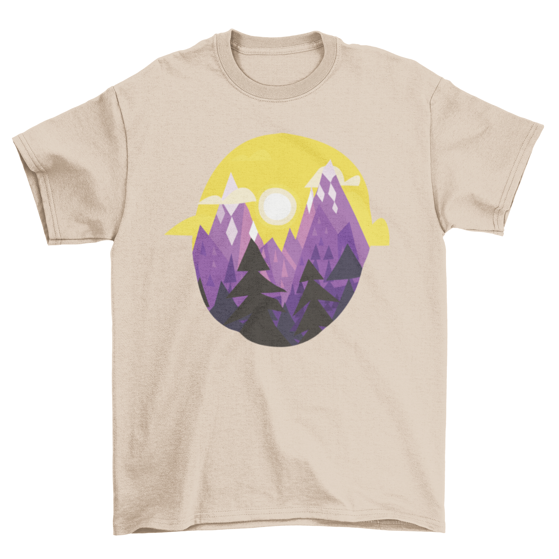 A stylish t-shirt featuring a geometric design of a mountain landscape, showcasing vibrant colors and intricate patterns.