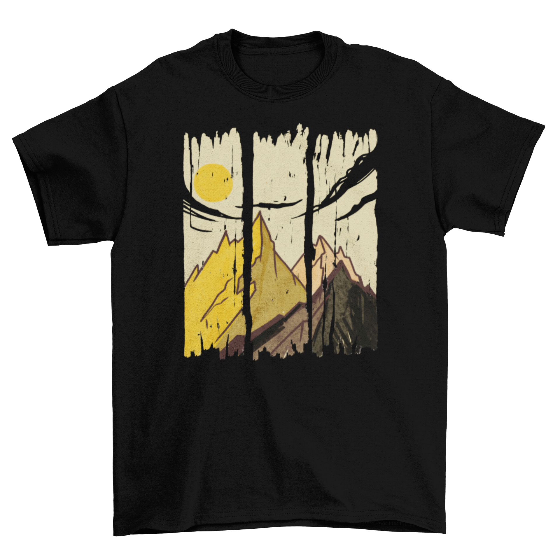 A stylish t-shirt featuring a mountain landscape design with a brush stroke effect, perfect for outdoor enthusiasts.