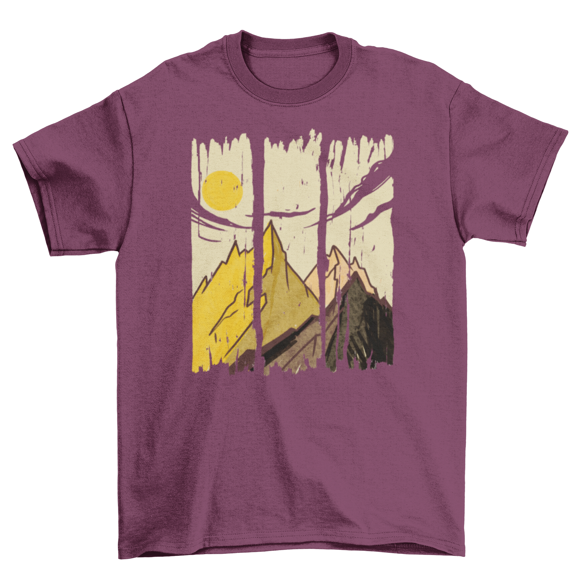 A stylish t-shirt featuring a mountain landscape design with a brush stroke effect, perfect for outdoor enthusiasts.