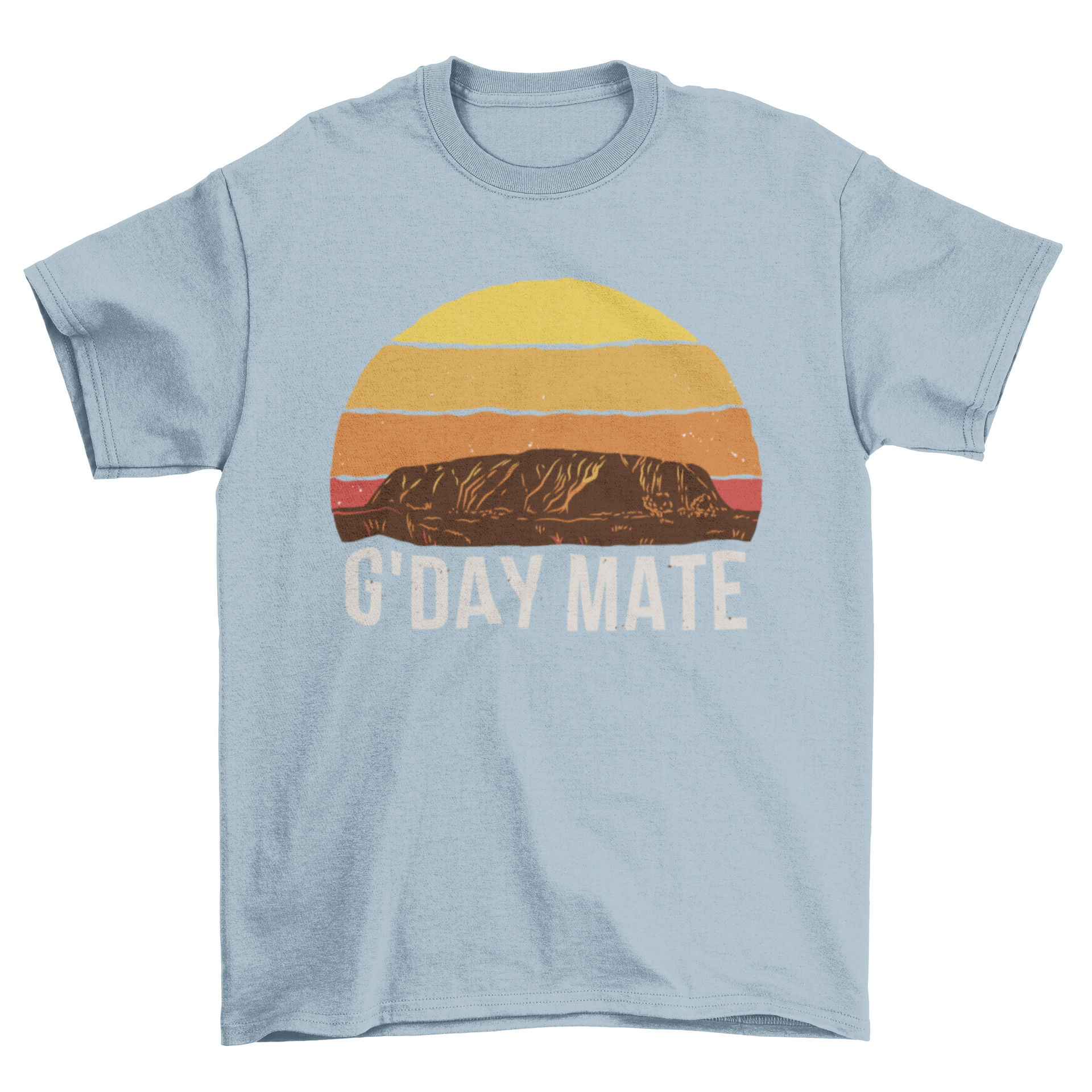 Mountain Retro Sunset T-Shirt featuring a vibrant sunset and mountain design with the quote 'G'day mate'.