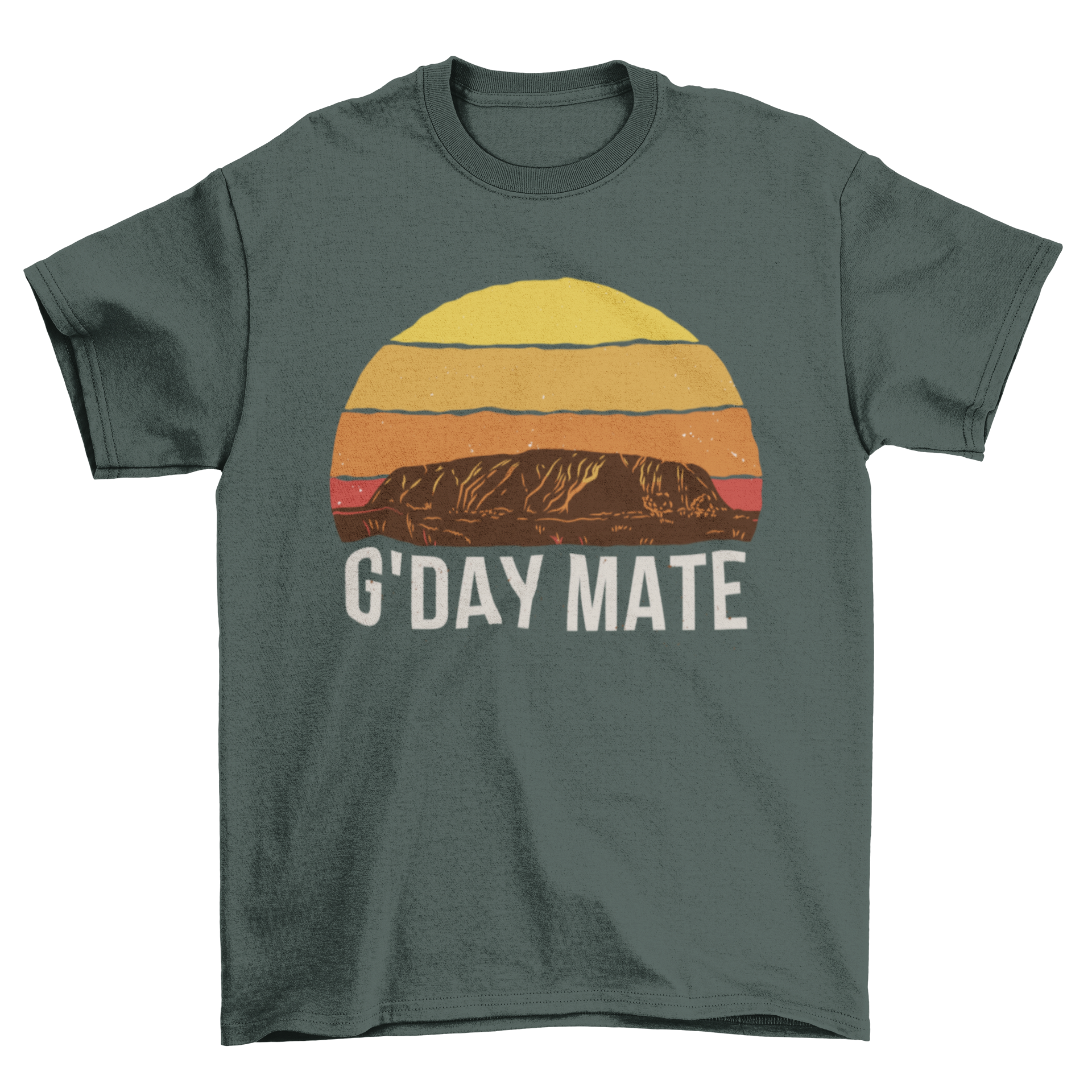 Mountain Retro Sunset T-Shirt featuring a vibrant sunset and mountain design with the quote 'G'day mate'.