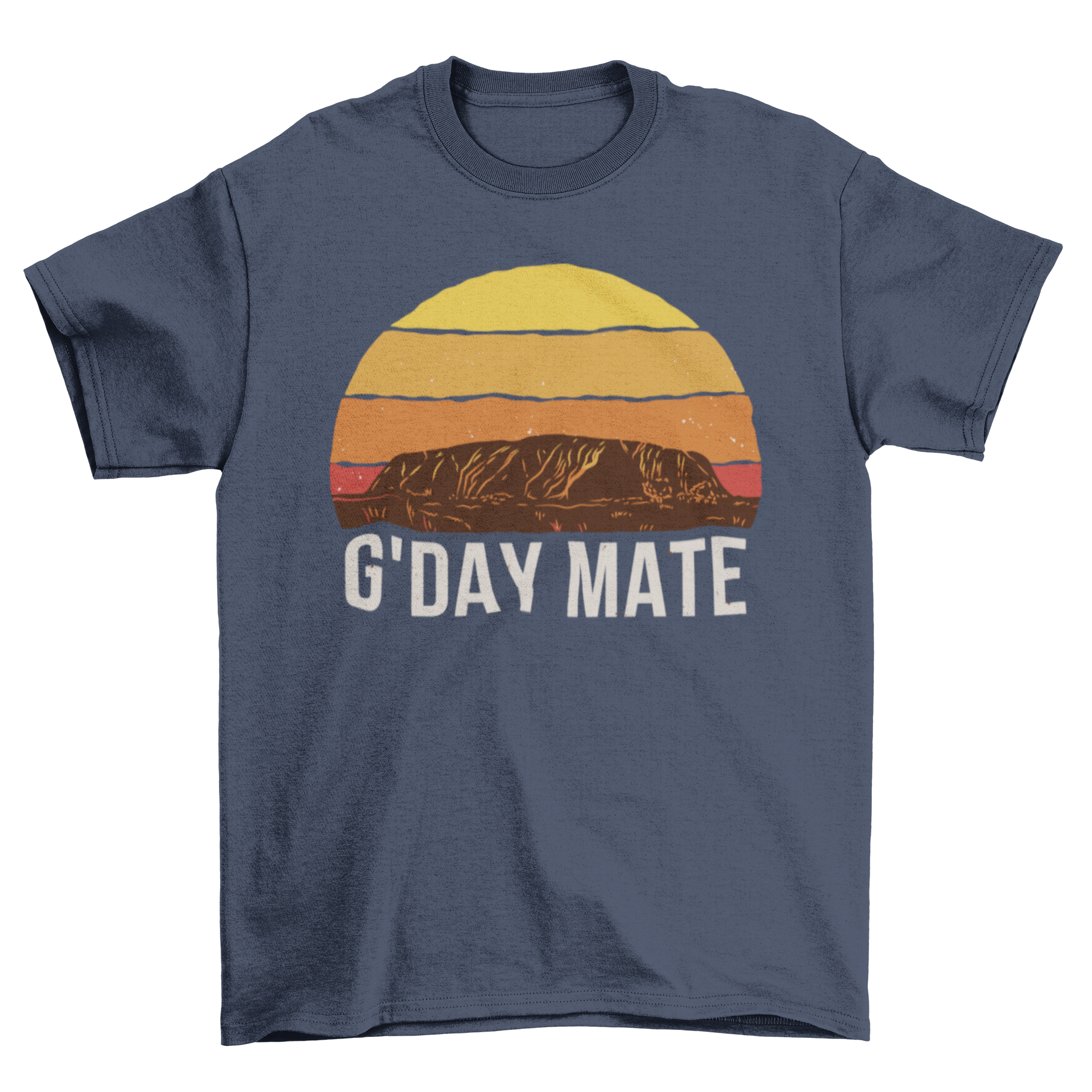 Mountain Retro Sunset T-Shirt featuring a vibrant sunset and mountain design with the quote 'G'day mate'.