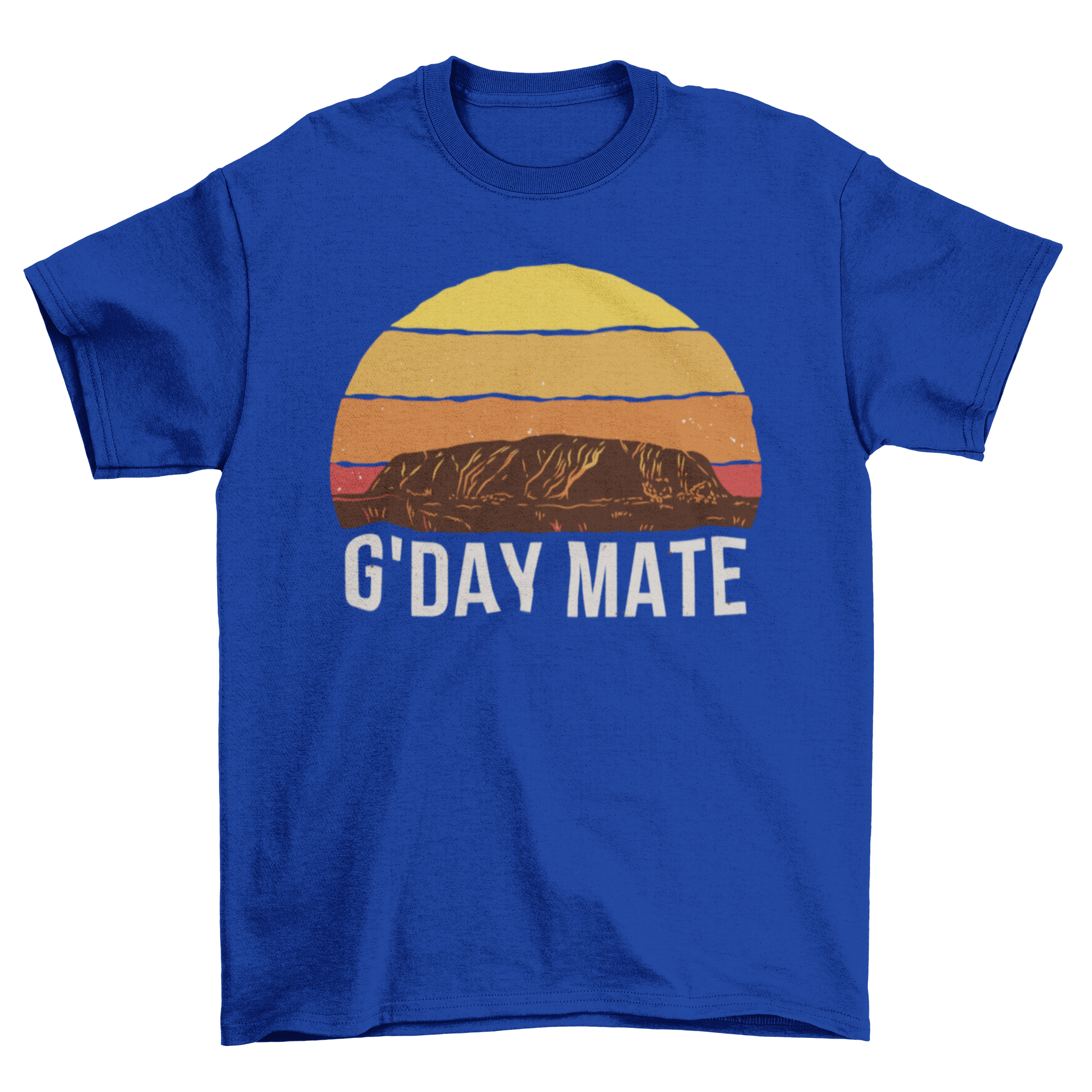 Mountain Retro Sunset T-Shirt featuring a vibrant sunset and mountain design with the quote 'G'day mate'.