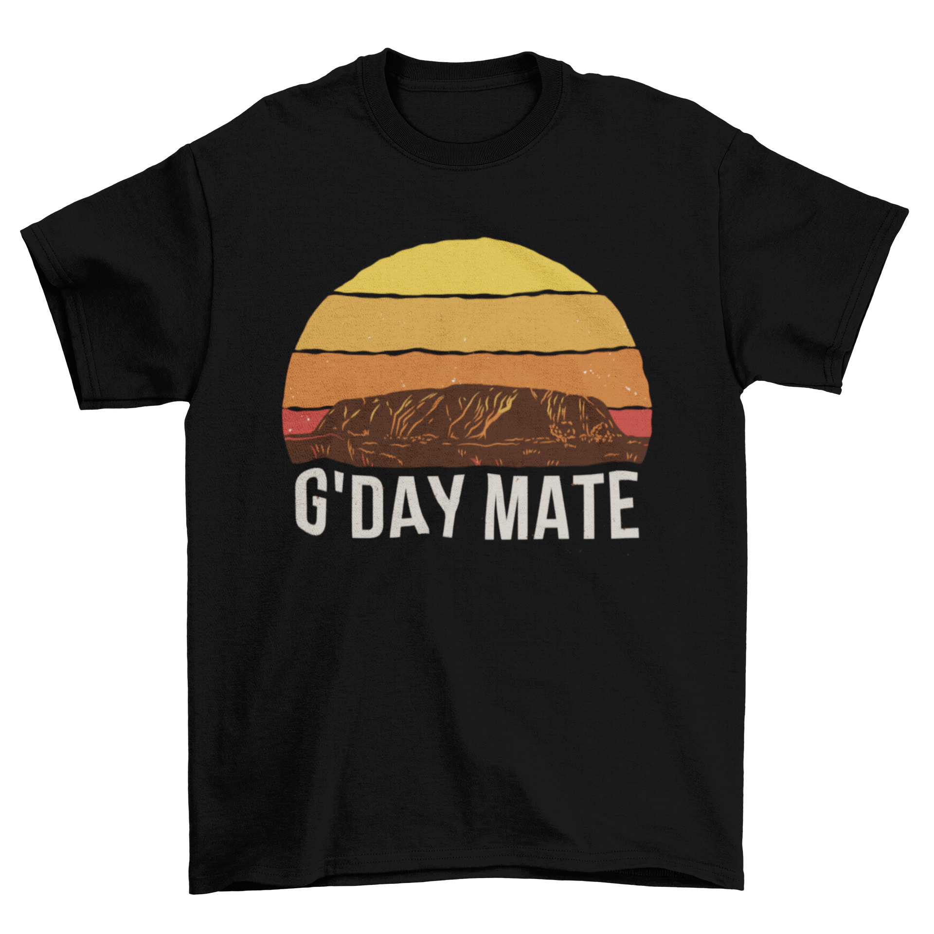 Mountain Retro Sunset T-Shirt featuring a vibrant sunset and mountain design with the quote 'G'day mate'.