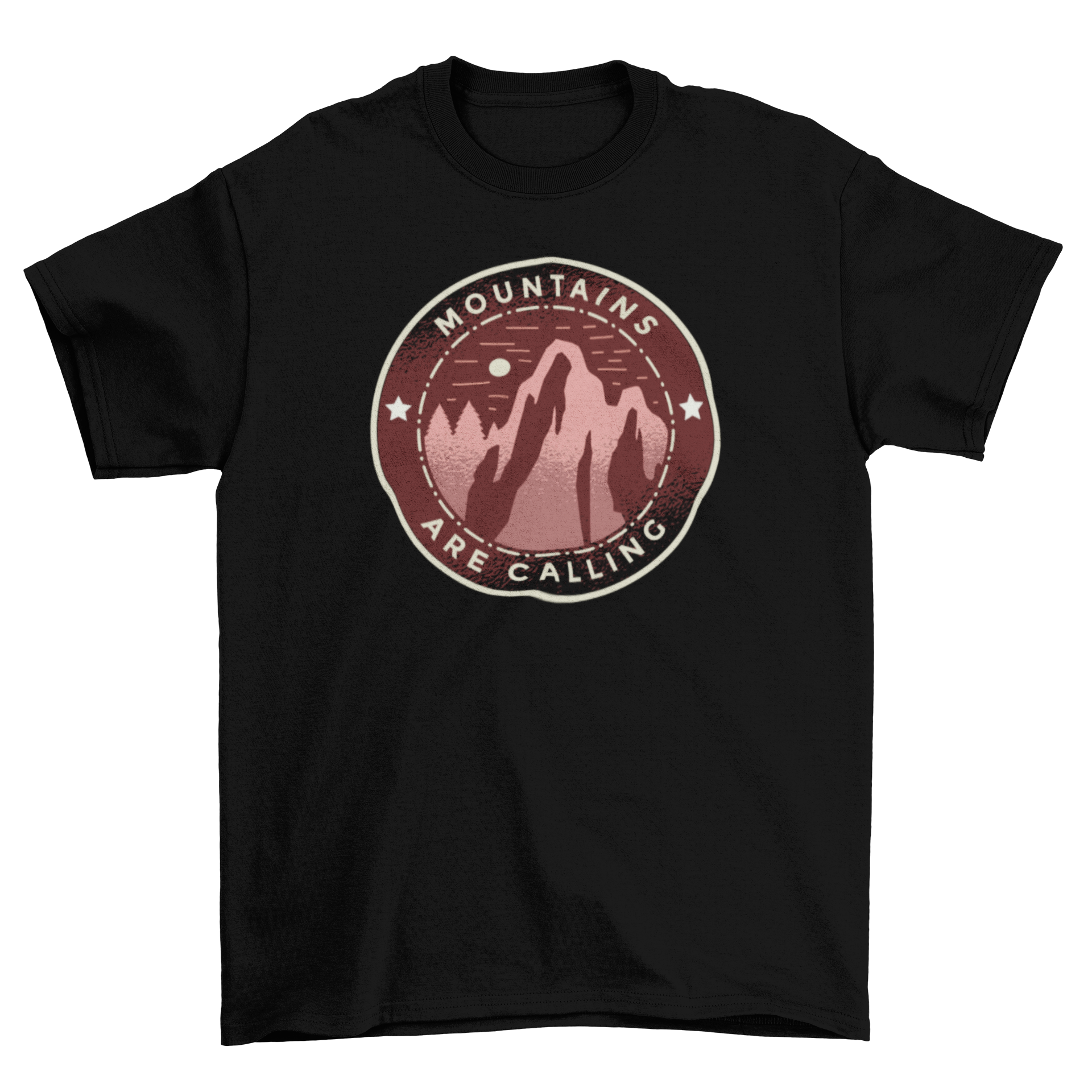 Mountains Calling T-shirt featuring a badge design with mountain illustration and caption 'Mountains Are Calling'.