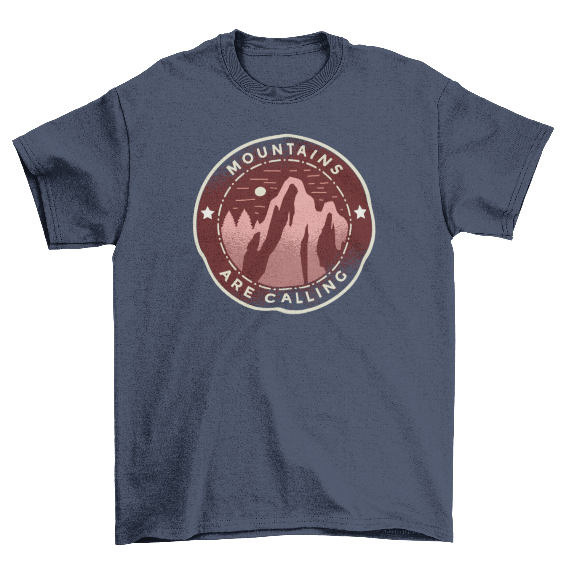 Mountains Calling T-shirt featuring a badge design with mountain illustration and caption 'Mountains Are Calling'.