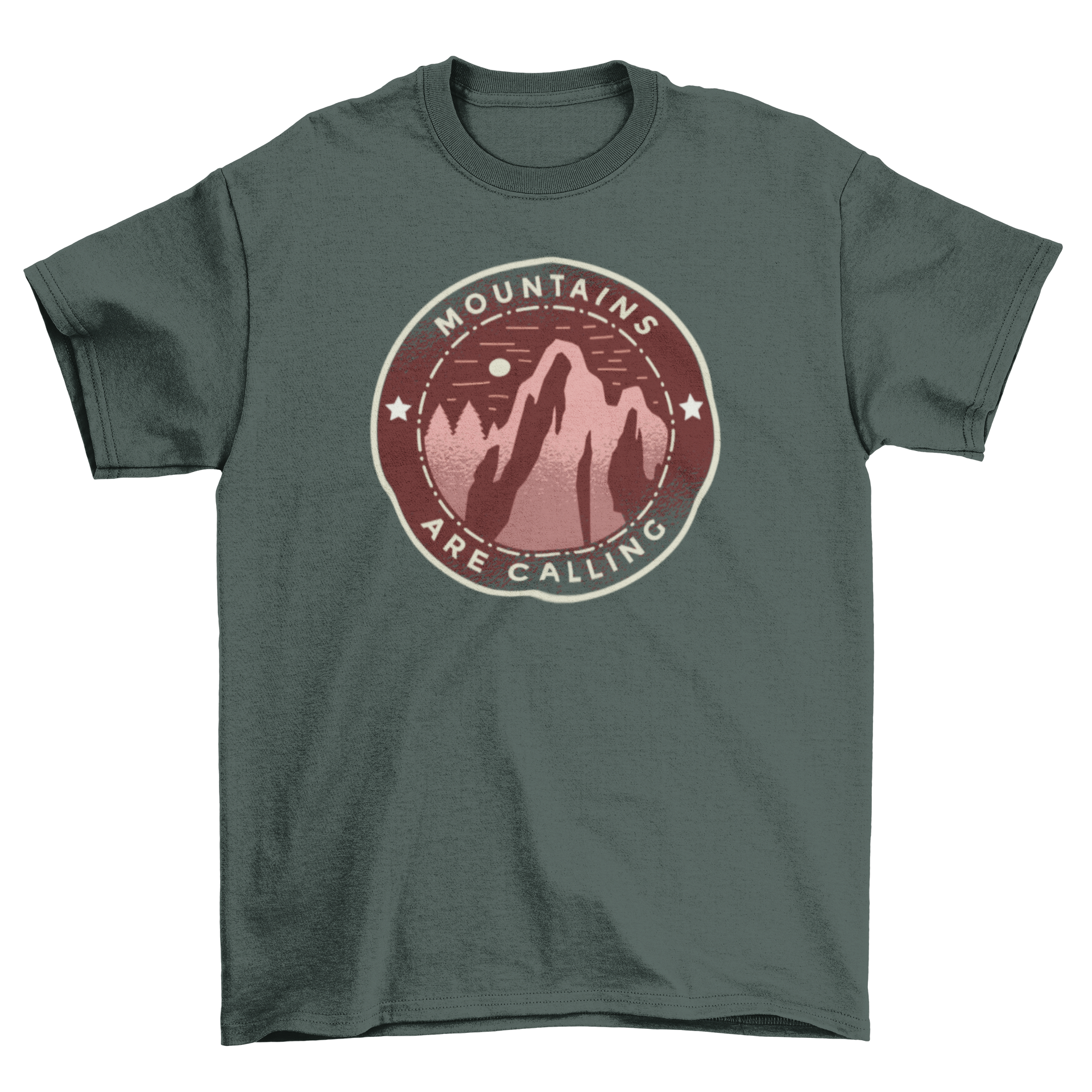 Mountains Calling T-shirt featuring a badge design with mountain illustration and caption 'Mountains Are Calling'.