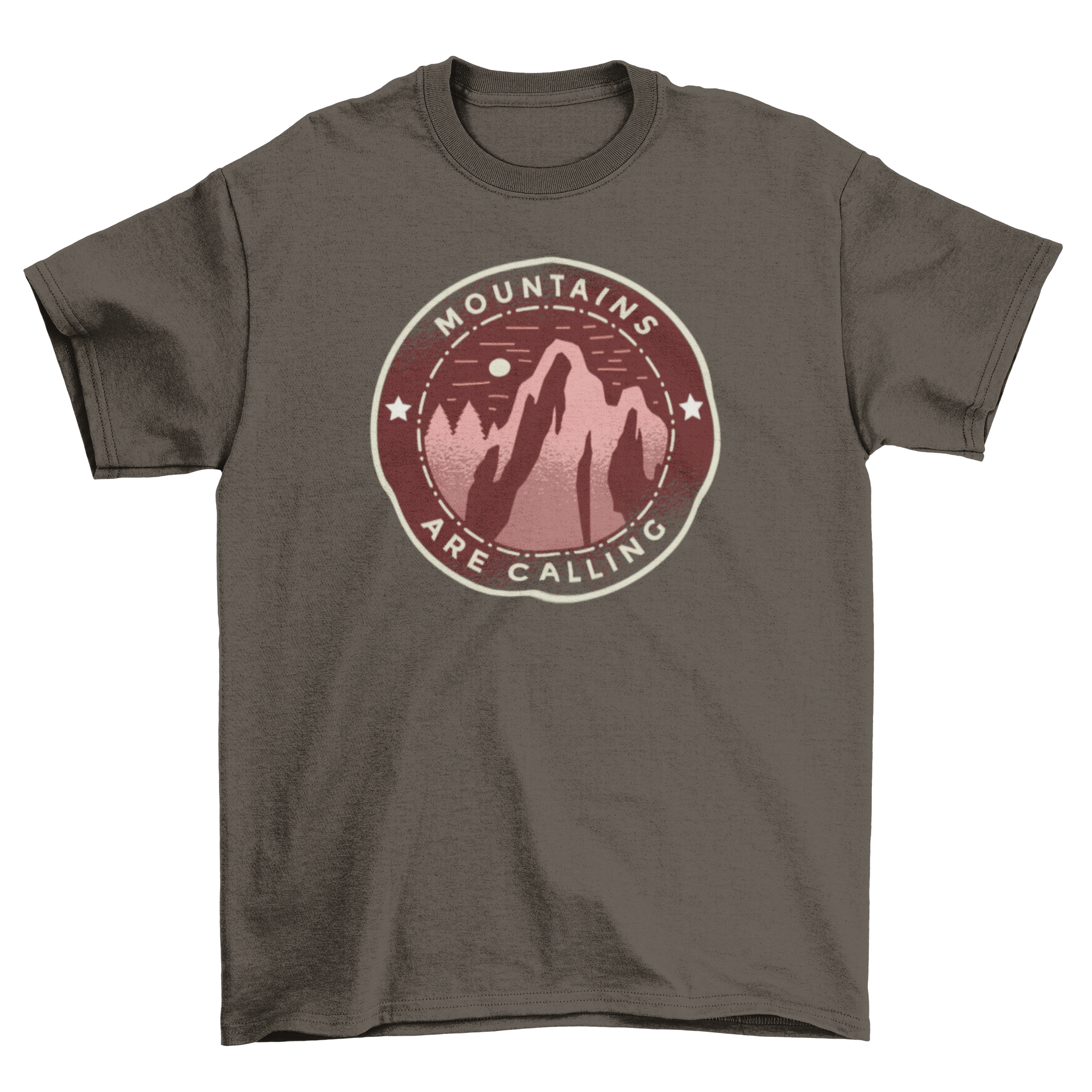 Mountains Calling T-shirt featuring a badge design with mountain illustration and caption 'Mountains Are Calling'.