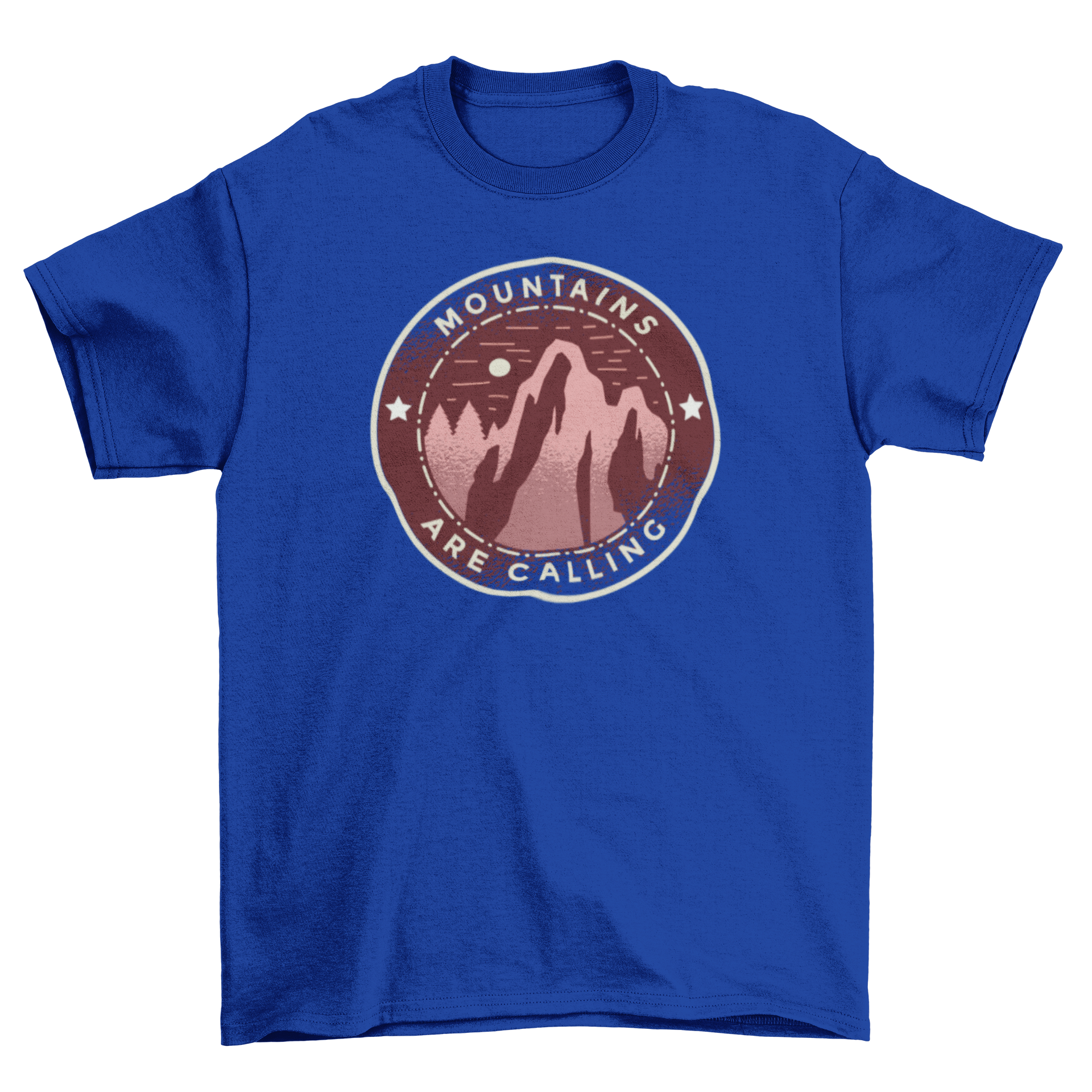 Mountains Calling T-shirt featuring a badge design with mountain illustration and caption 'Mountains Are Calling'.