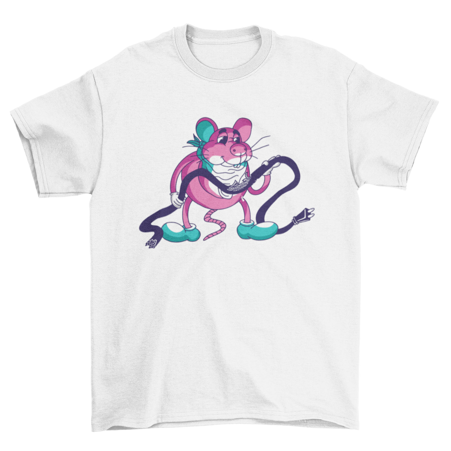 A playful t-shirt featuring a graphic of a mouse eating a wire, showcasing a unique and whimsical design.